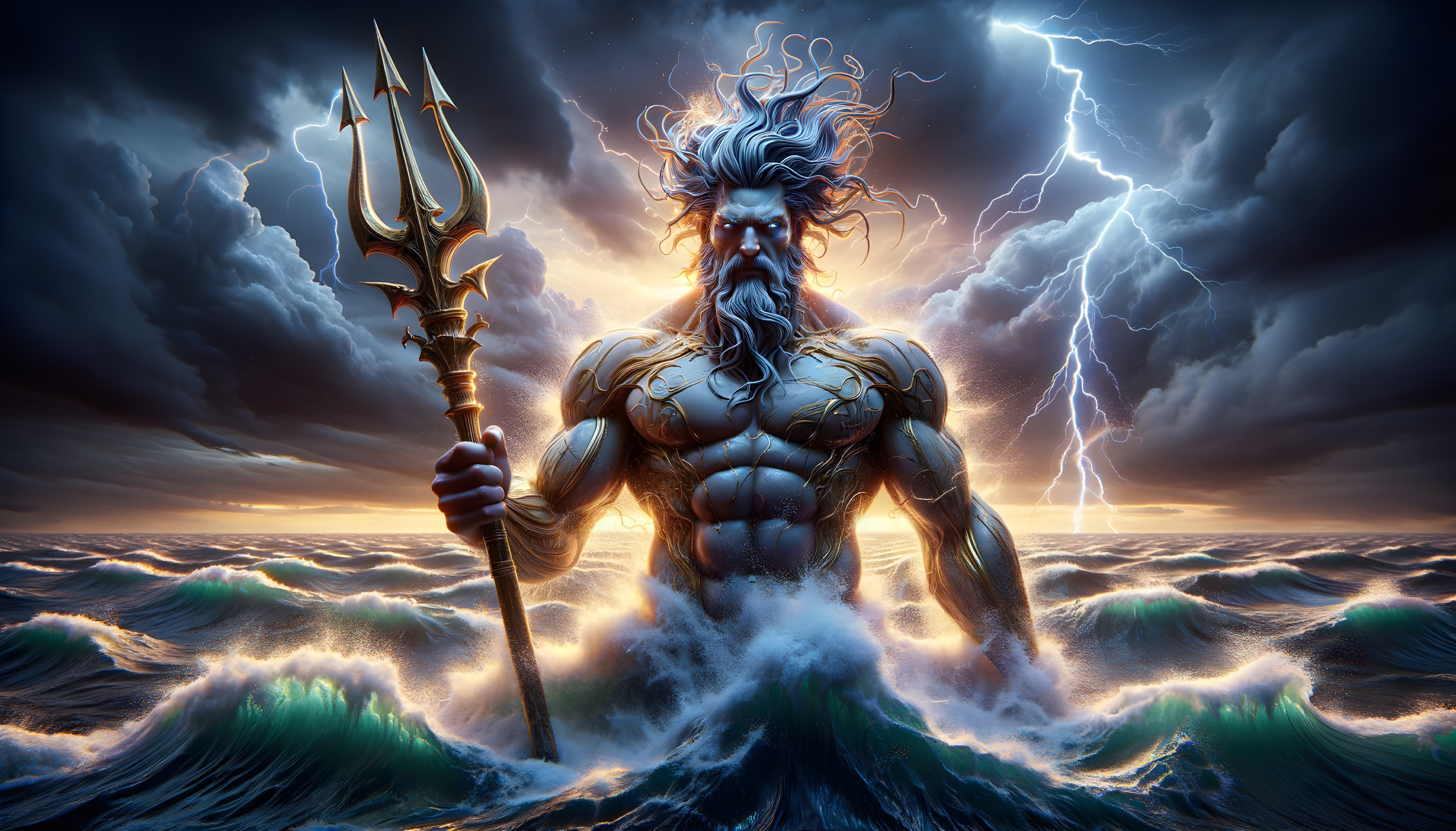 Bearded figure with trident in stormy ocean scene