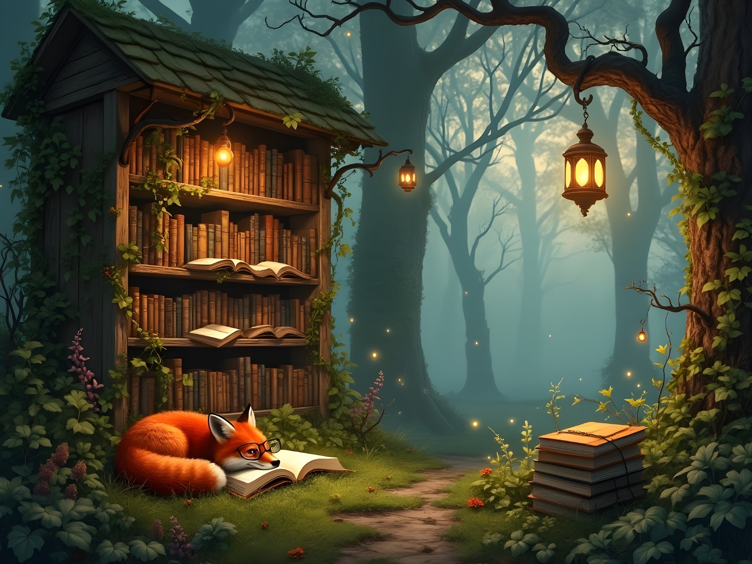 Cozy Bookshelf in Enchanted Forest with Whimsical Fox