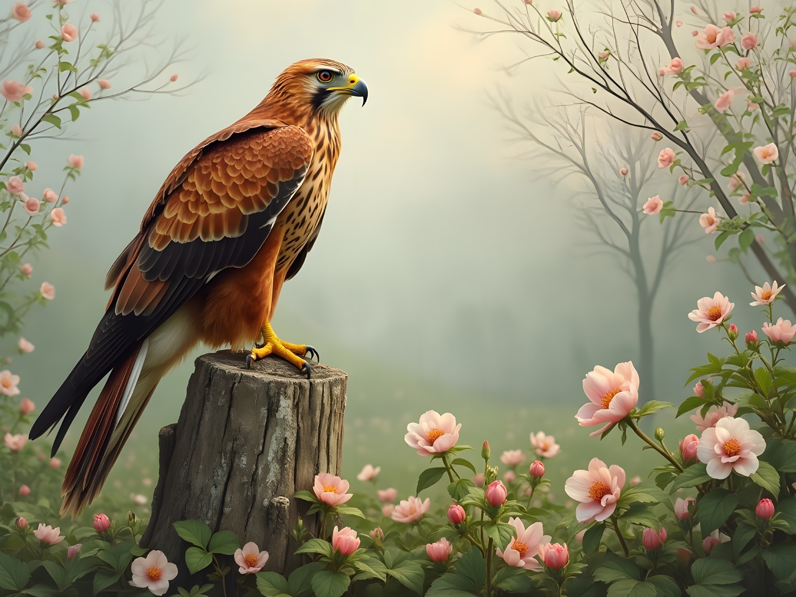 Hawk on Stump Amid Blooming Pink Flowers and Misty Trees