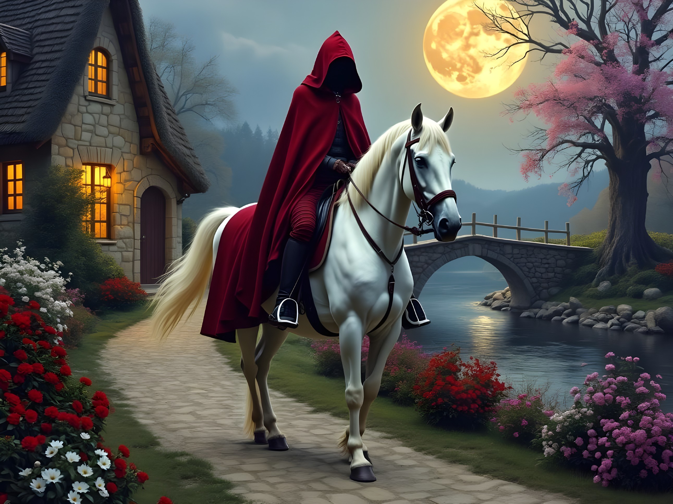 Mysterious figure in red riding a white horse at night
