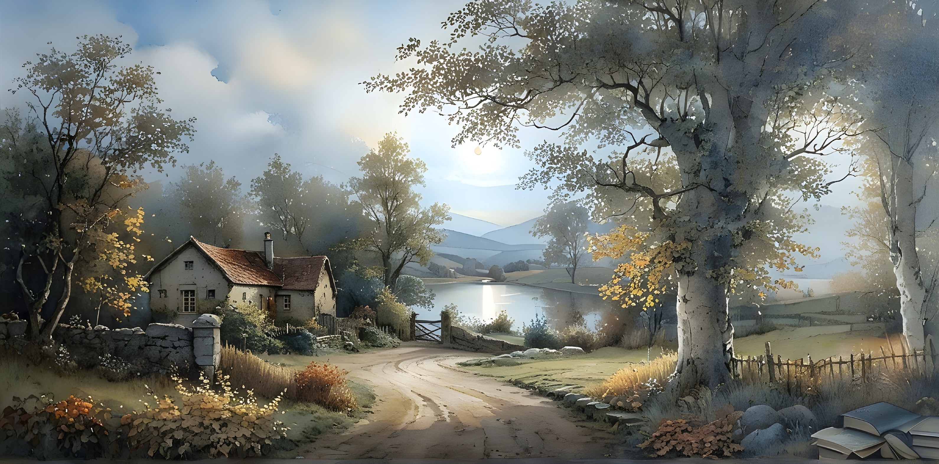Tranquil Countryside Scene with Cottage and Lake