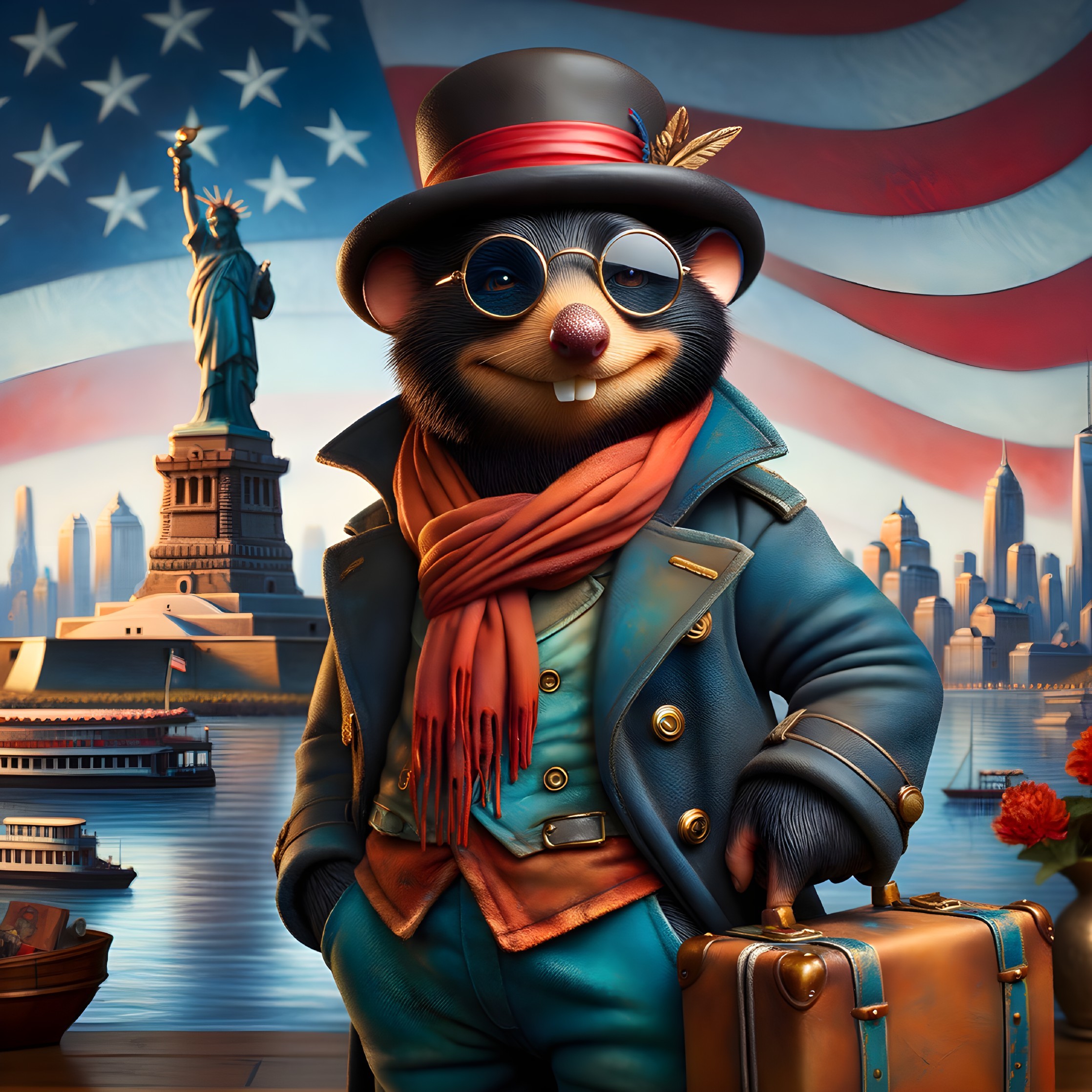 Anthropomorphic Rodent Character with Suitcase and Flag