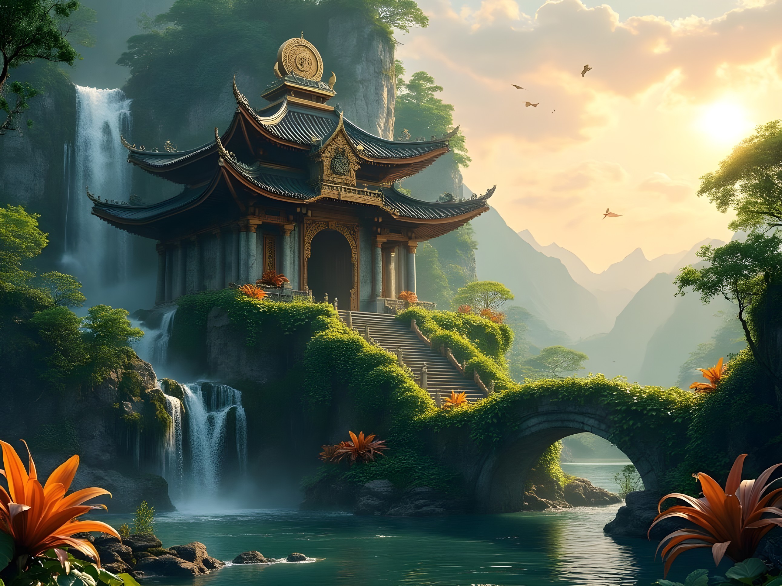 Majestic Temple on Cliff in Serene Landscape