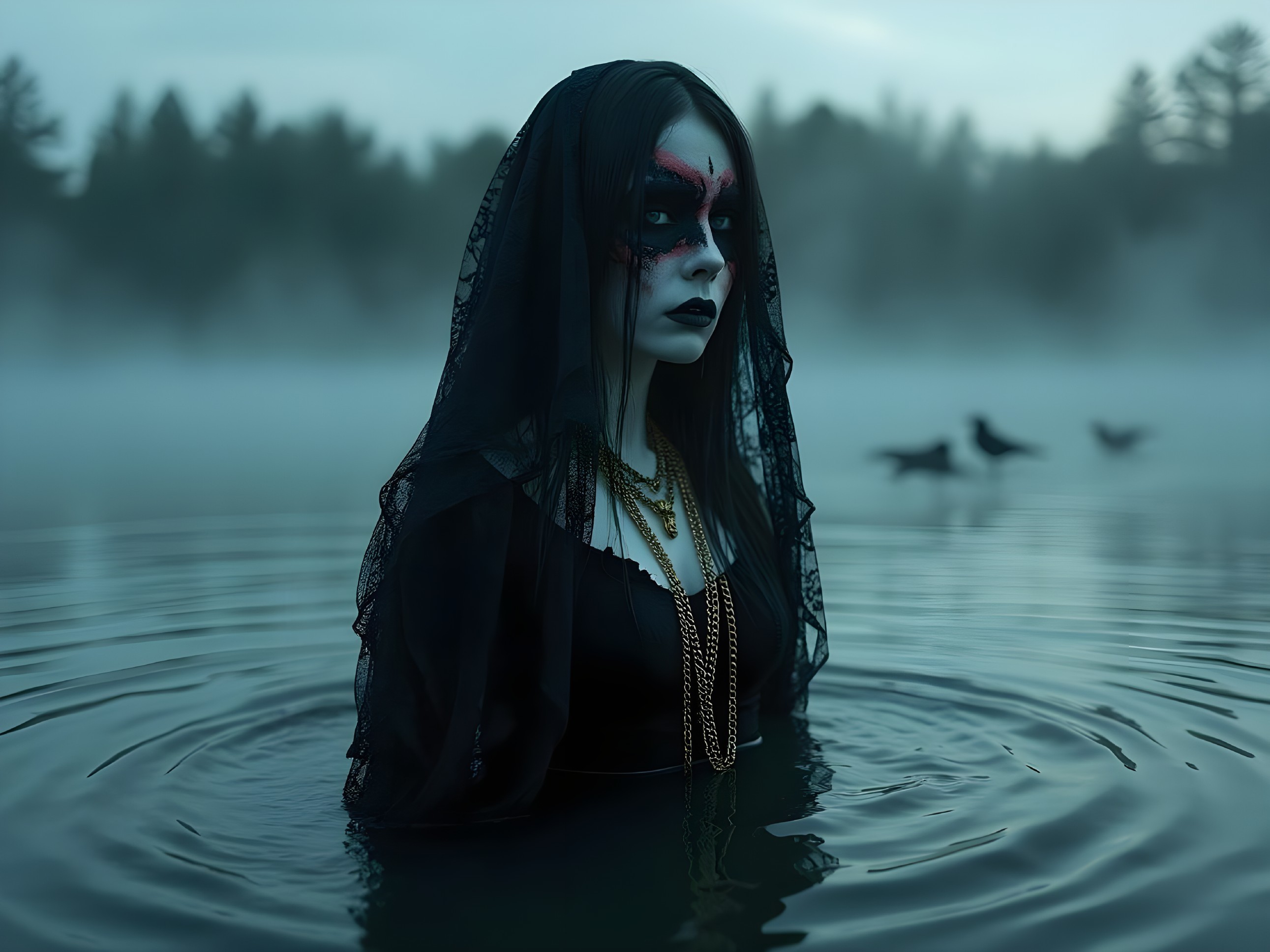 Haunting Figure in Foggy Water with Eerie Atmosphere