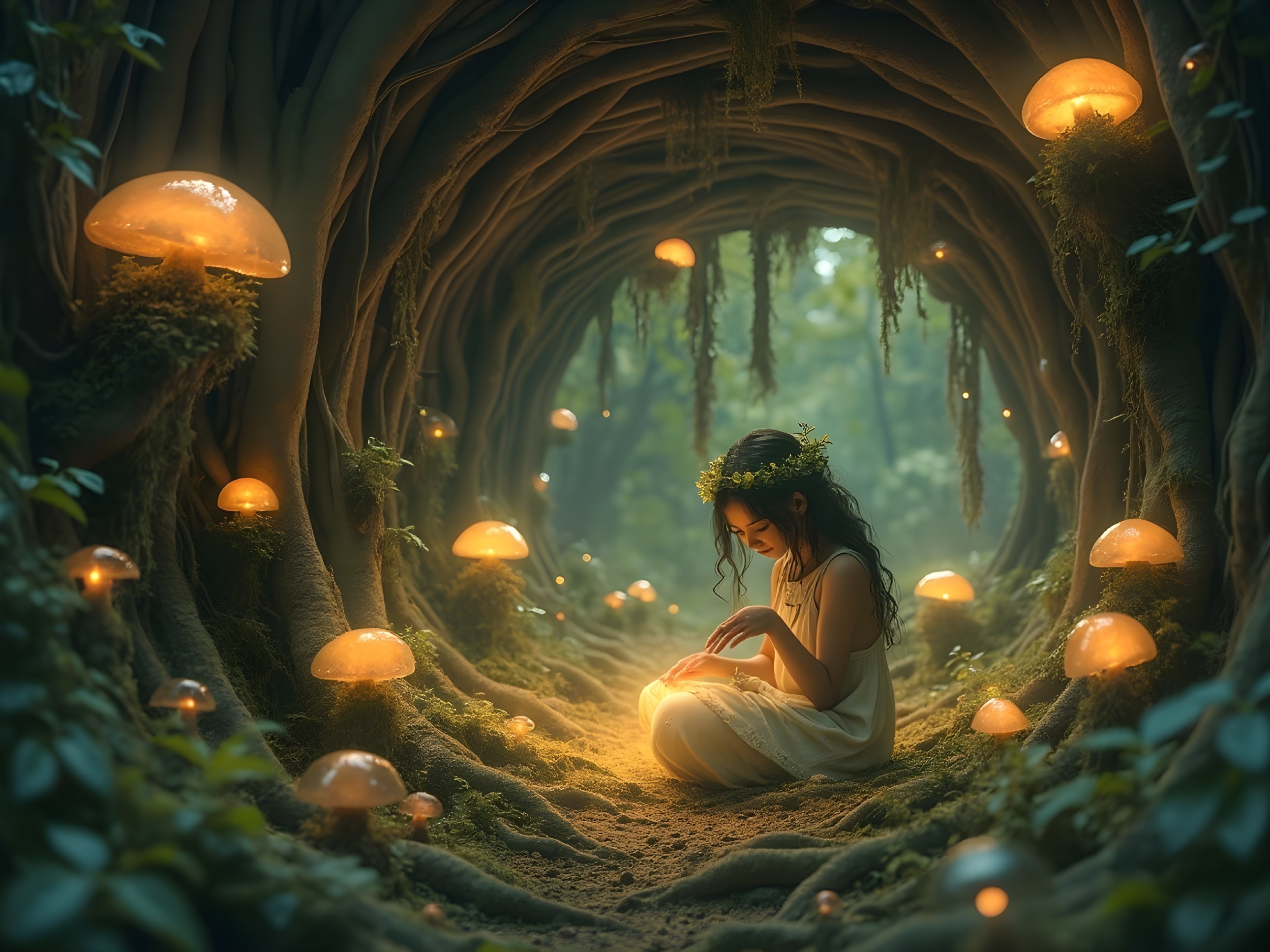 Young girl in illuminated grove with glowing mushrooms