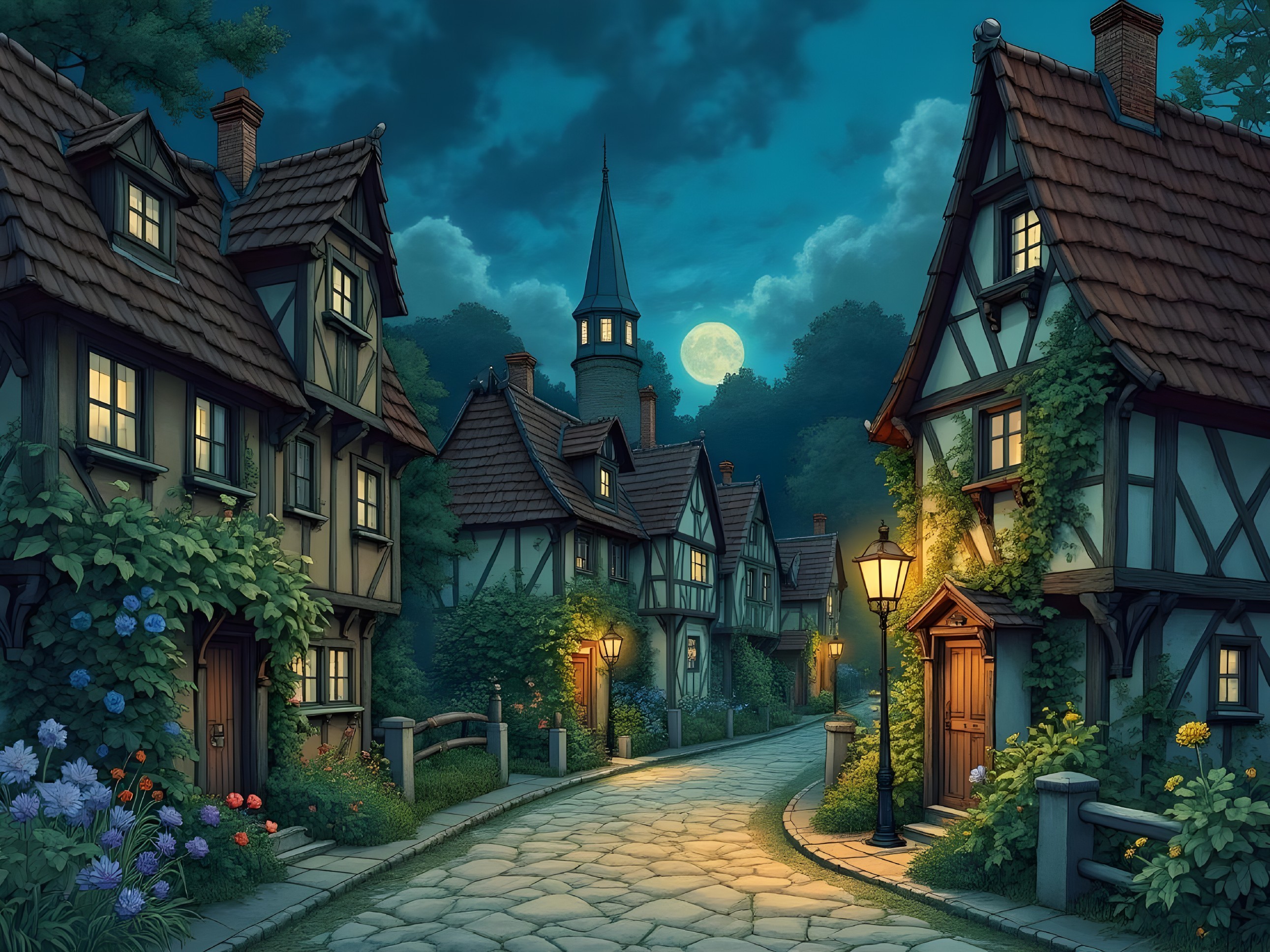 Charming Cobblestone Street in a Quaint Village Scene
