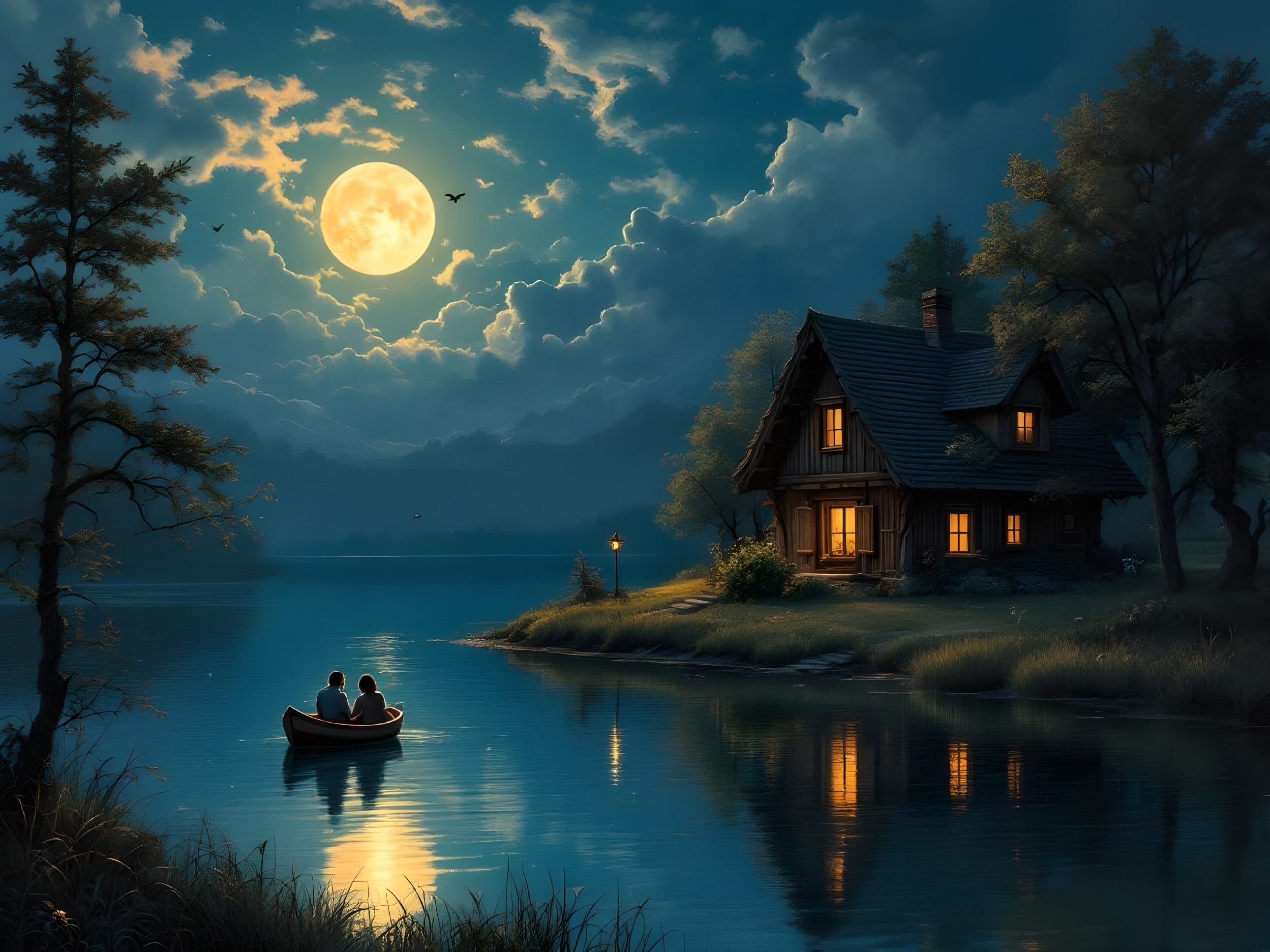 Moonlit Lake Scene with Cozy Cabin and Boat
