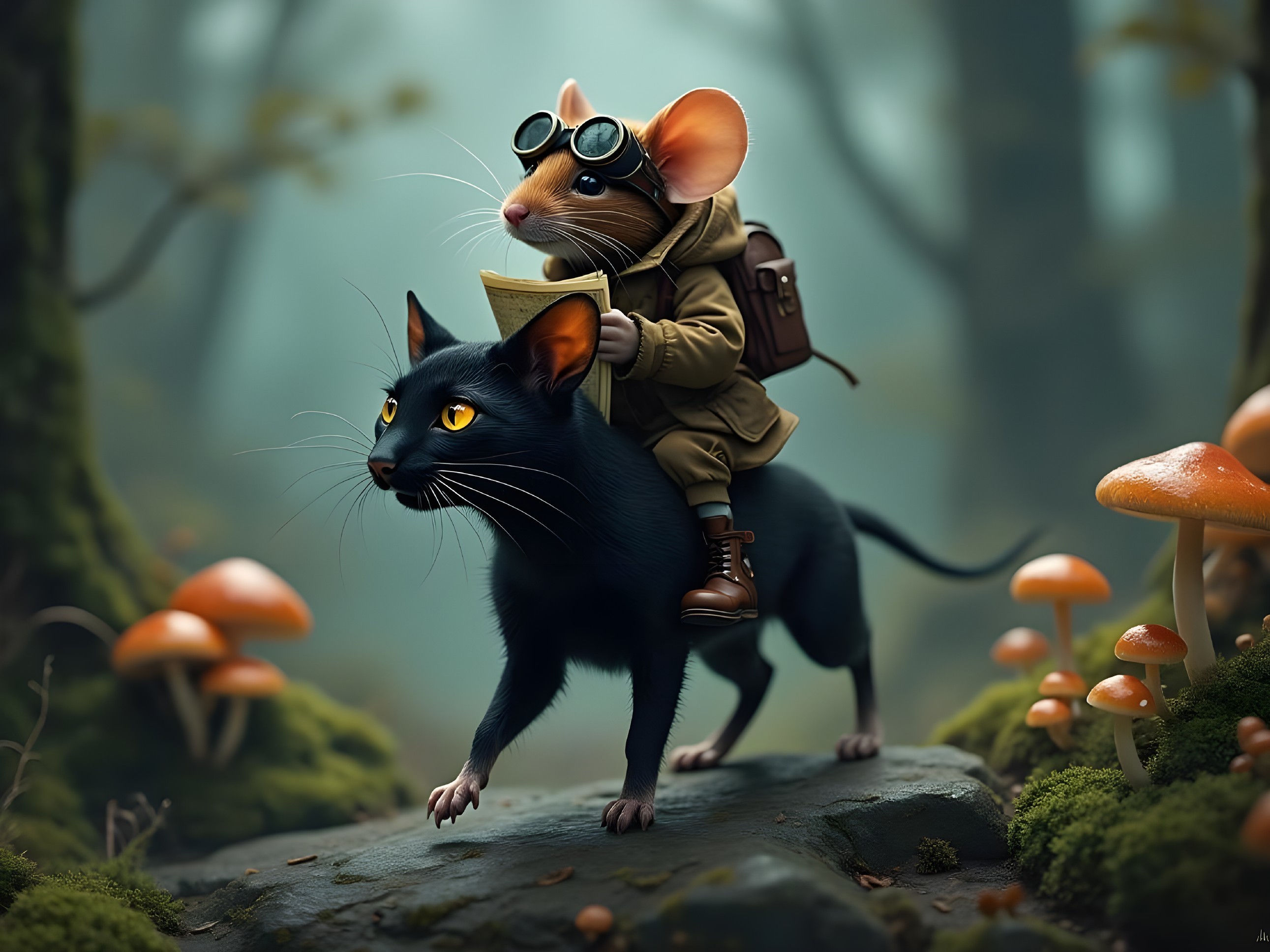 Mouse with Goggles Rides Cat in Enchanted Forest