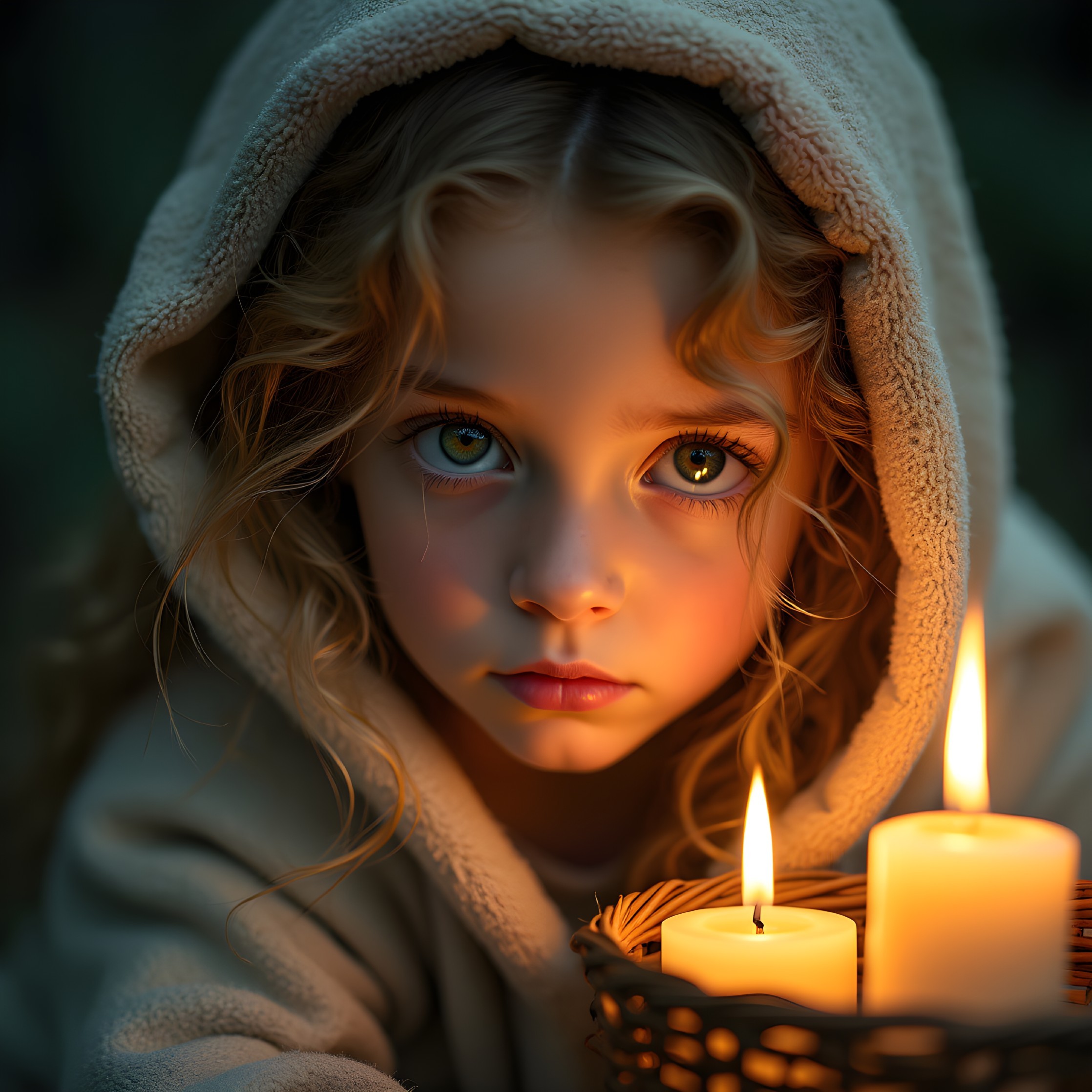 Child with Curly Hair in Soft Hoodie by Candlelight