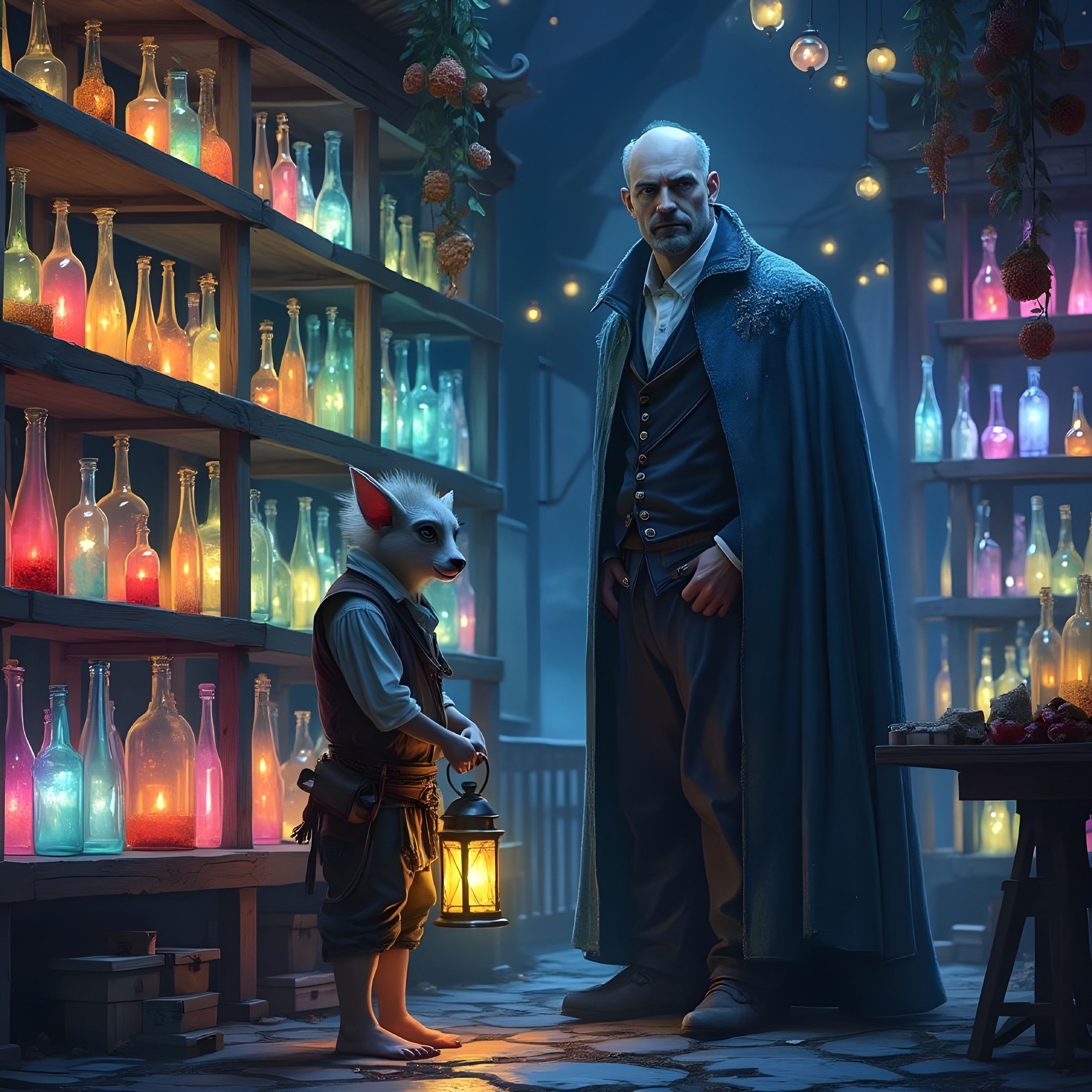 Whimsical Shop with Cloaked Figure and Fox Creature