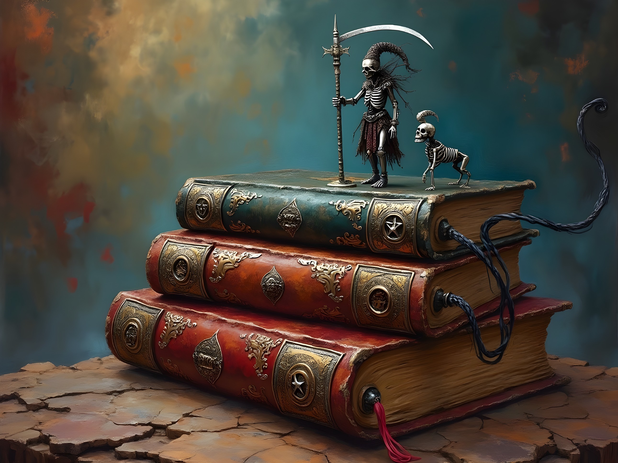 Whimsical Scene of Skeletons with Vintage Books