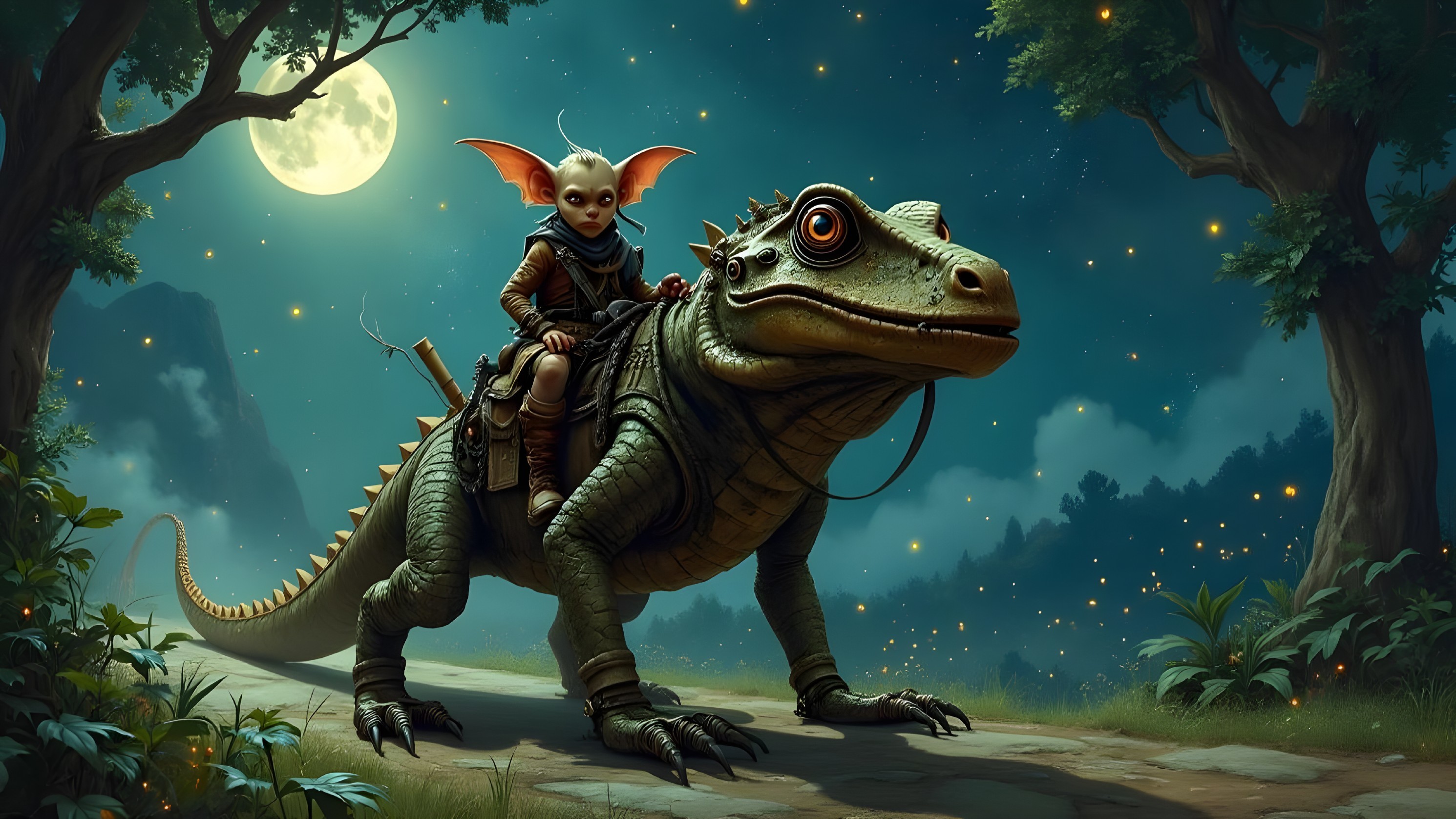 Whimsical Creature on Reptilian Beast in Moonlit Forest