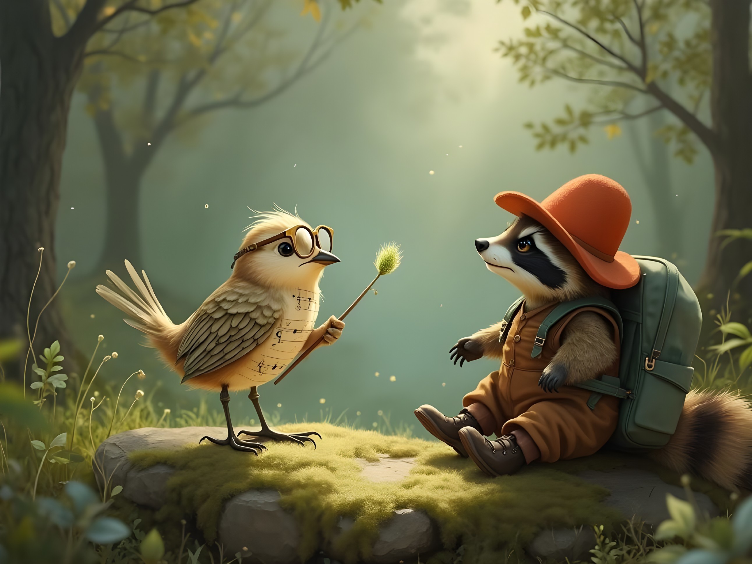 Bird and Raccoon in a Whimsical Forest Scene