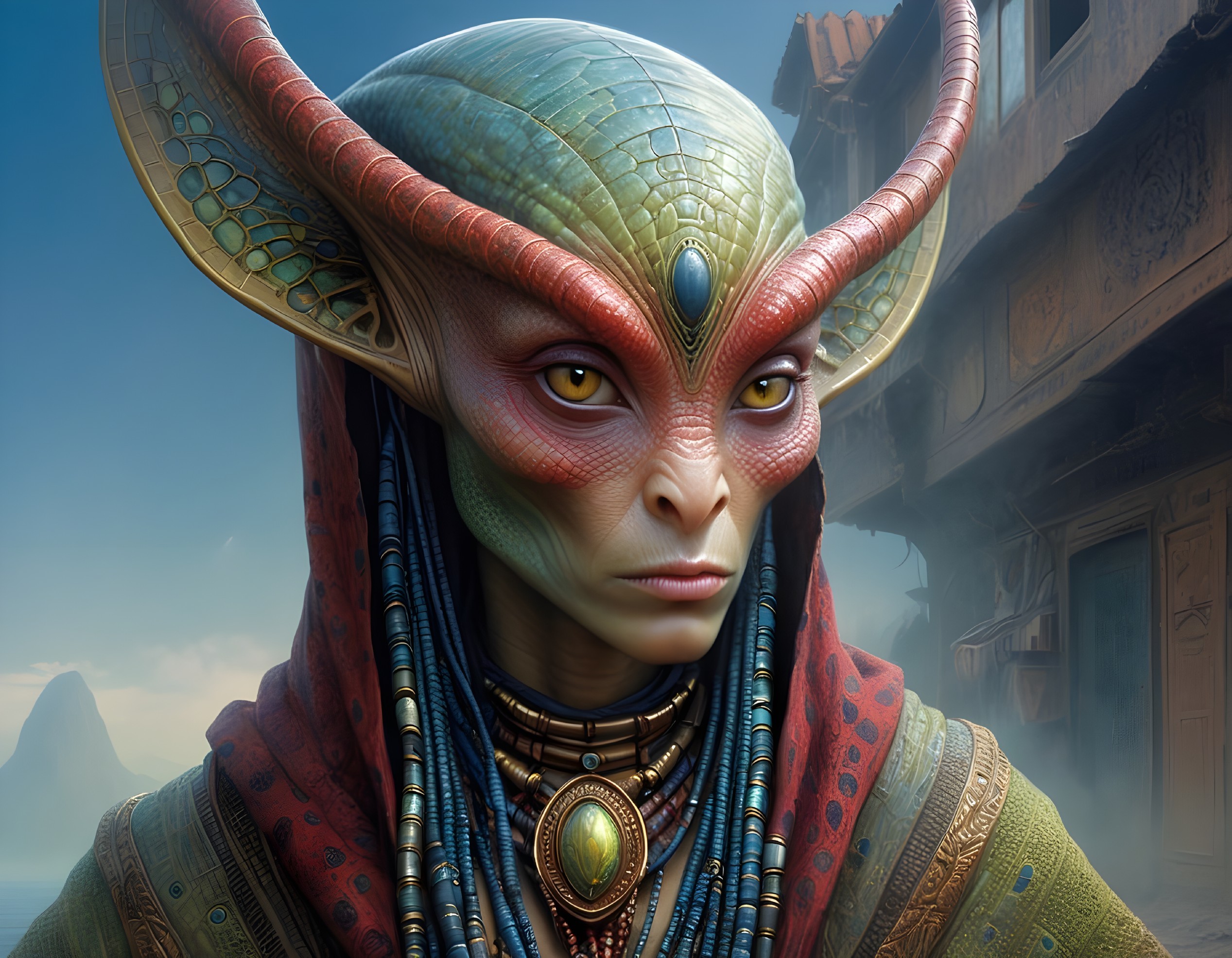 Alien Reptilian Figure in Vibrant Clothing and Jewelry