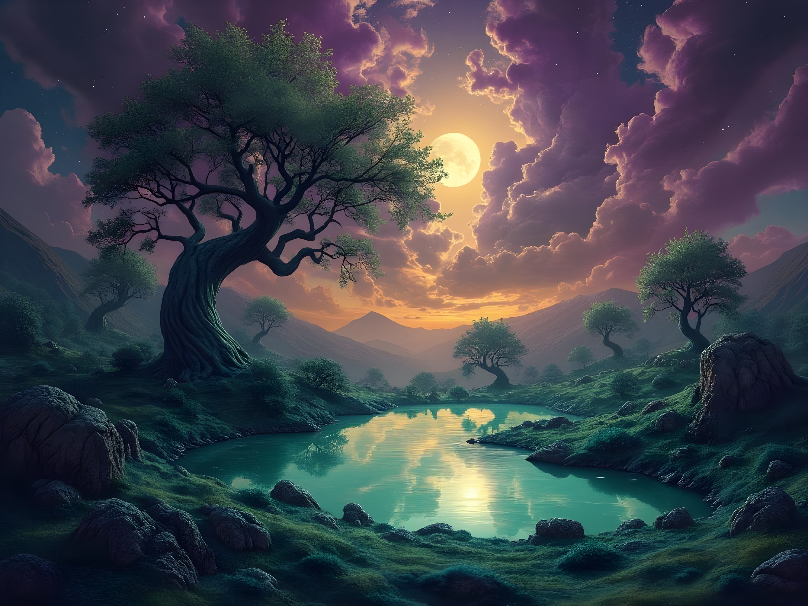 Tranquil Lake Landscape Under a Full Moon