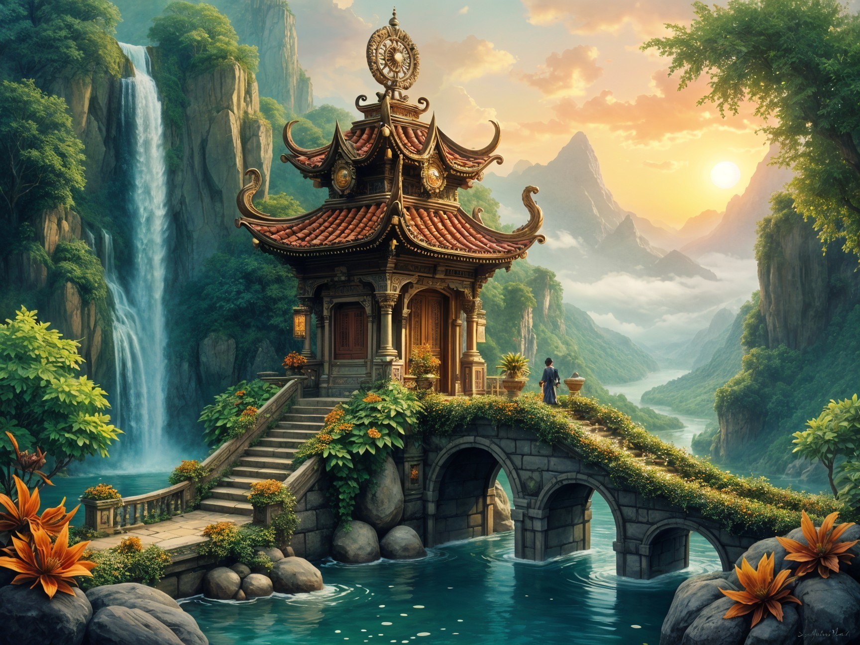 Serene Landscape with Pagoda and Waterfall Scene
