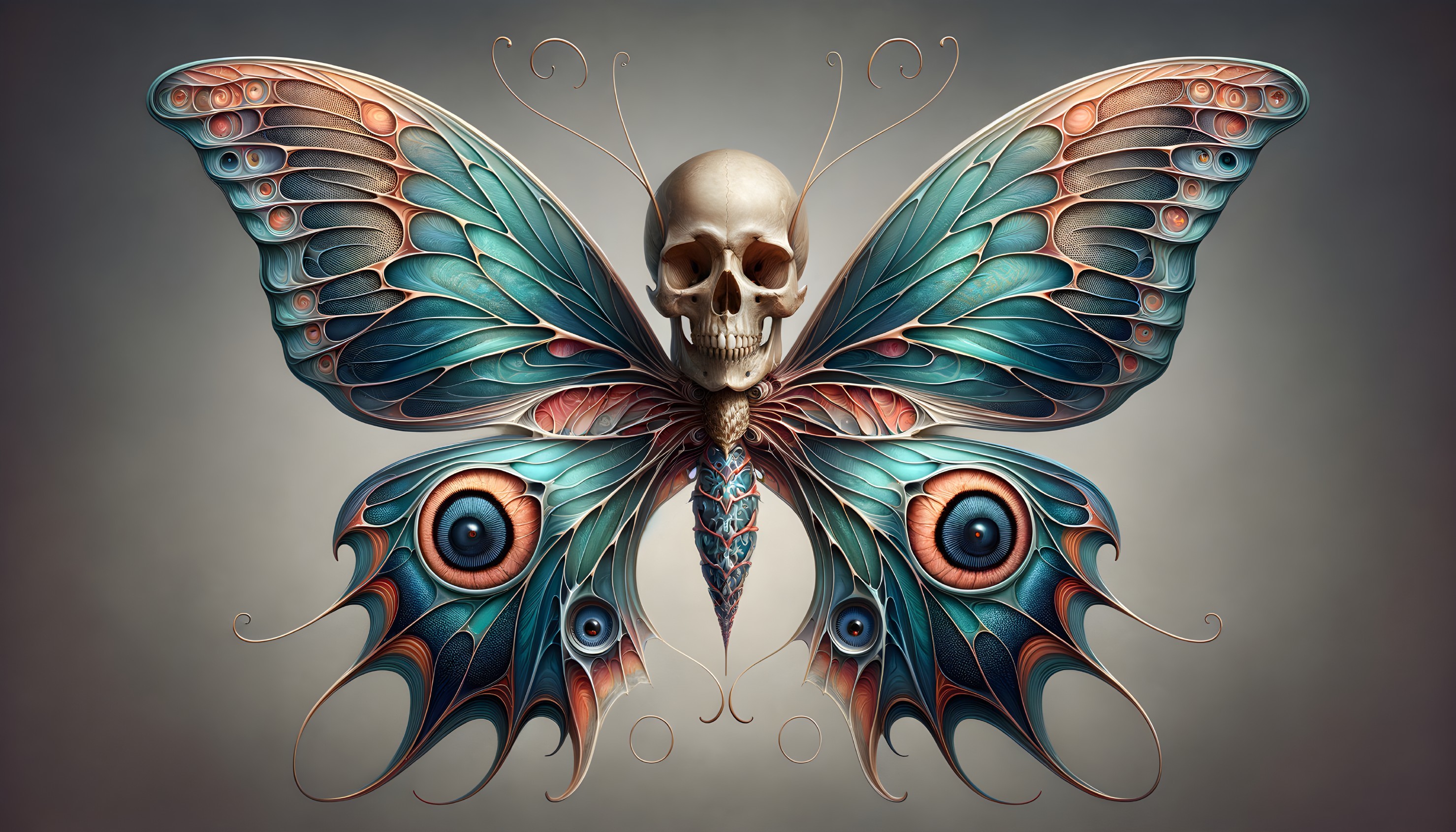 Surrealist Skull with Butterfly Wings and Eye Patterns