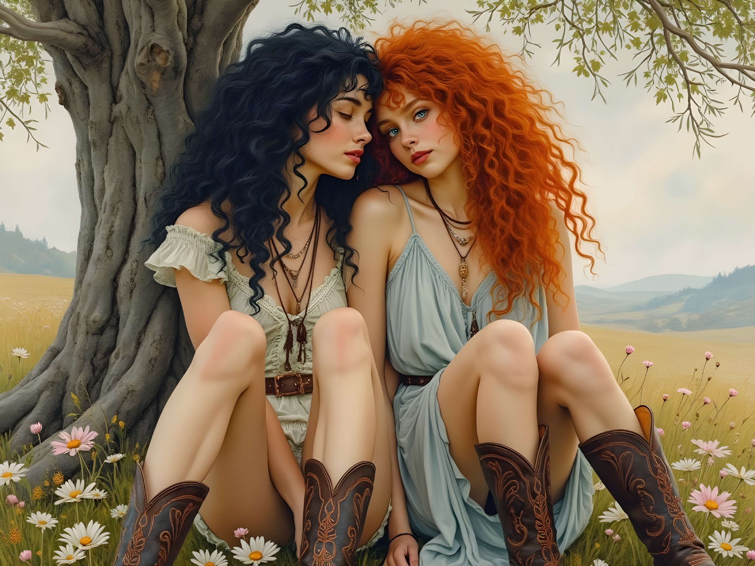 Young women under tree with daisies and hills