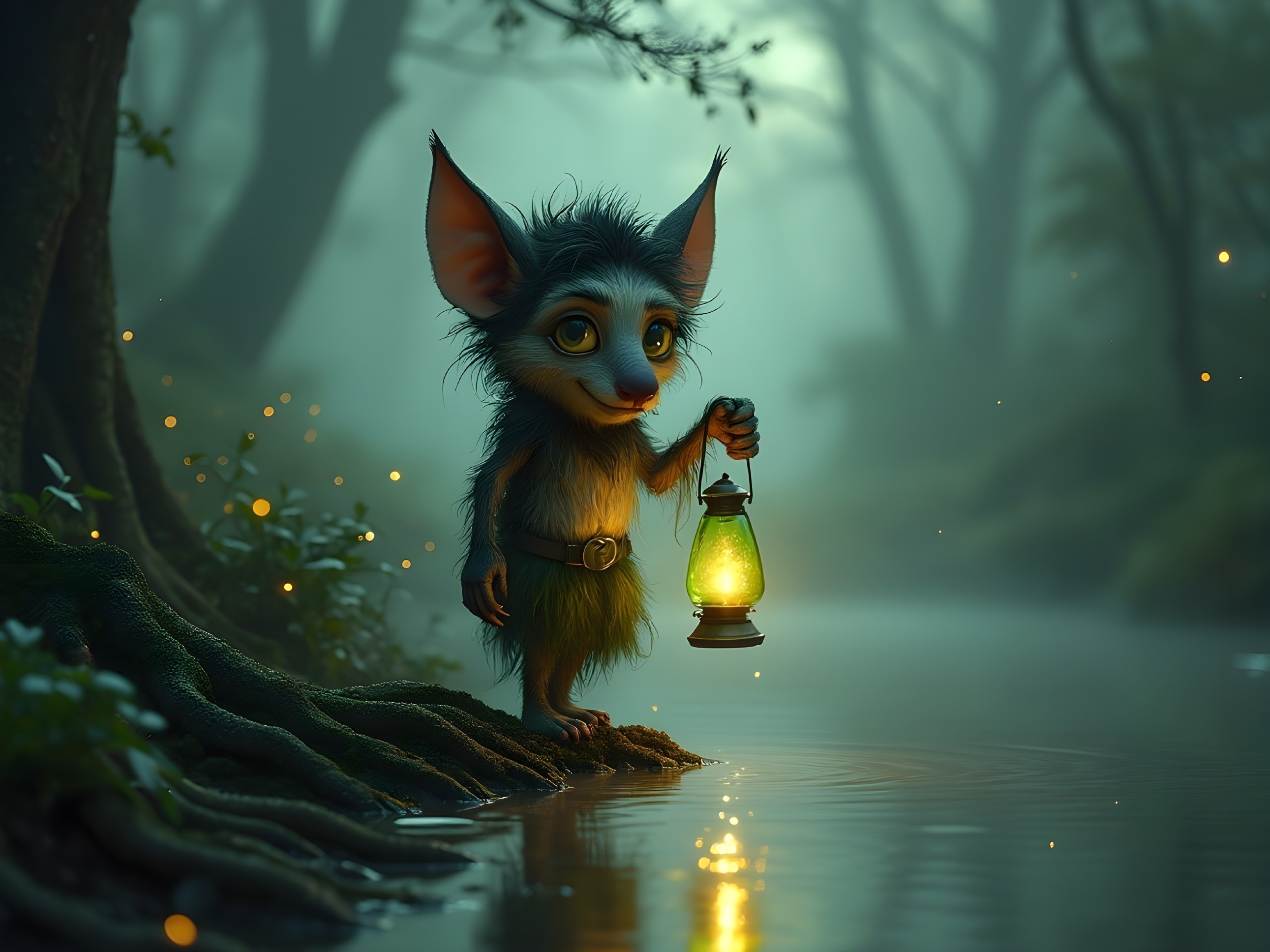 Charming Creature with Lantern in Mystical Forest