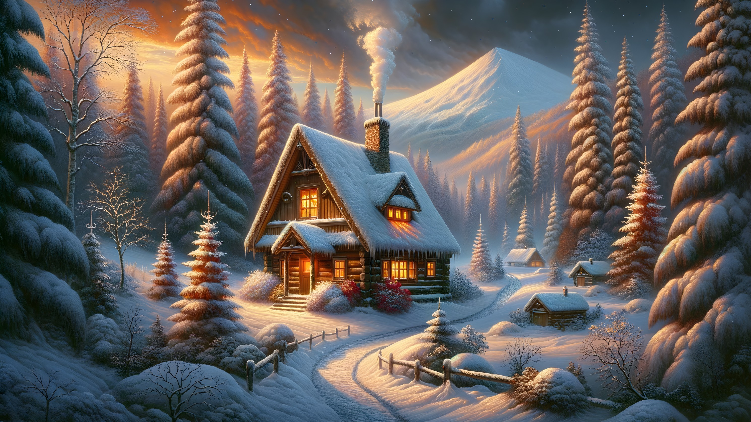 Cozy Log Cabin in Tranquil Winter Landscape