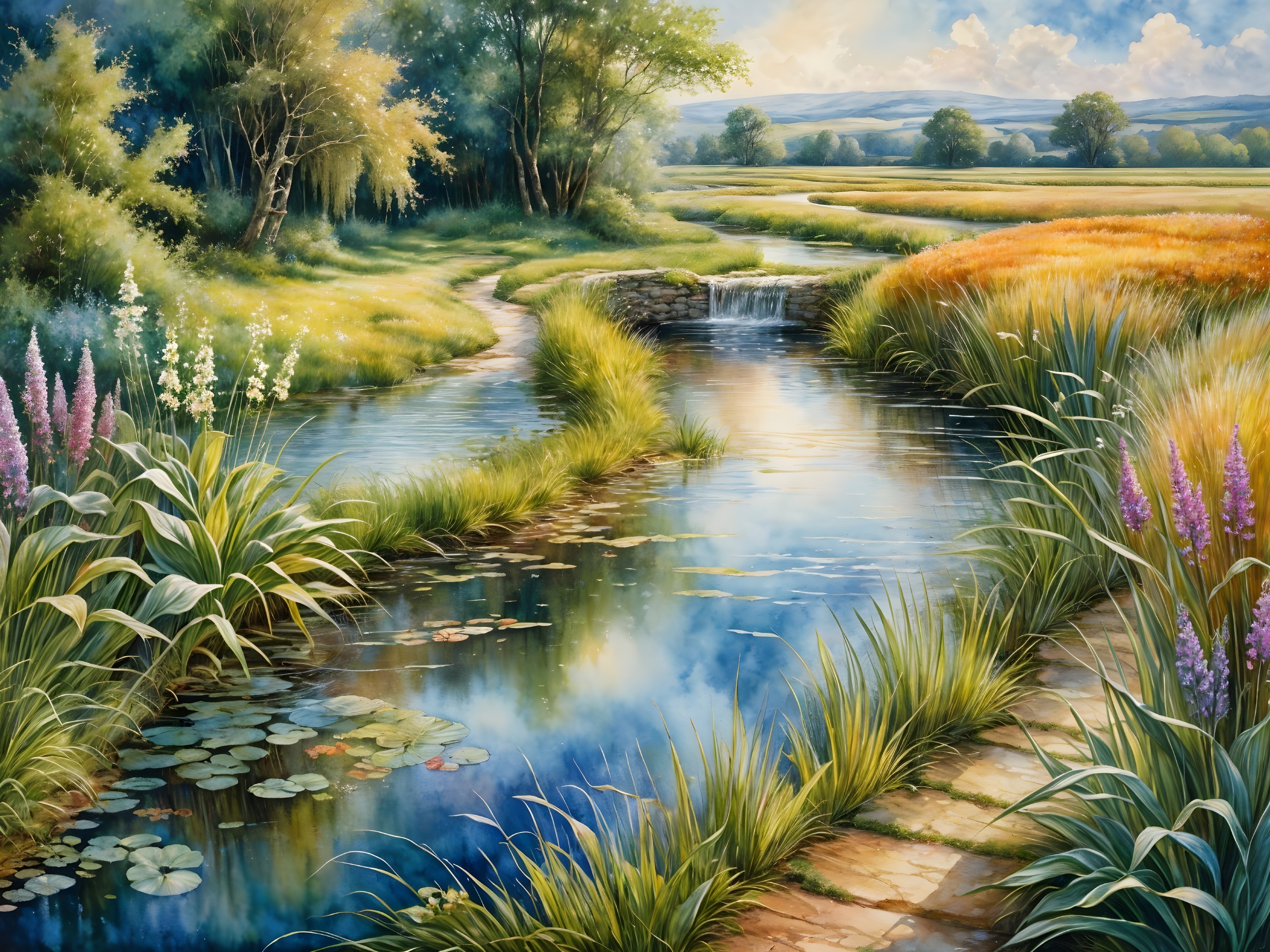 Serene Landscape with River and Lush Greenery