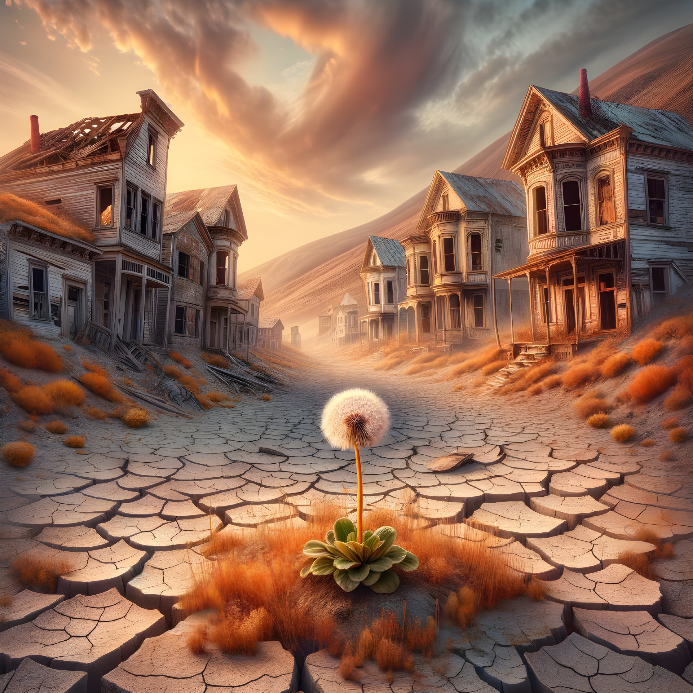 Dandelion in Abandoned Victorian Landscape Scene