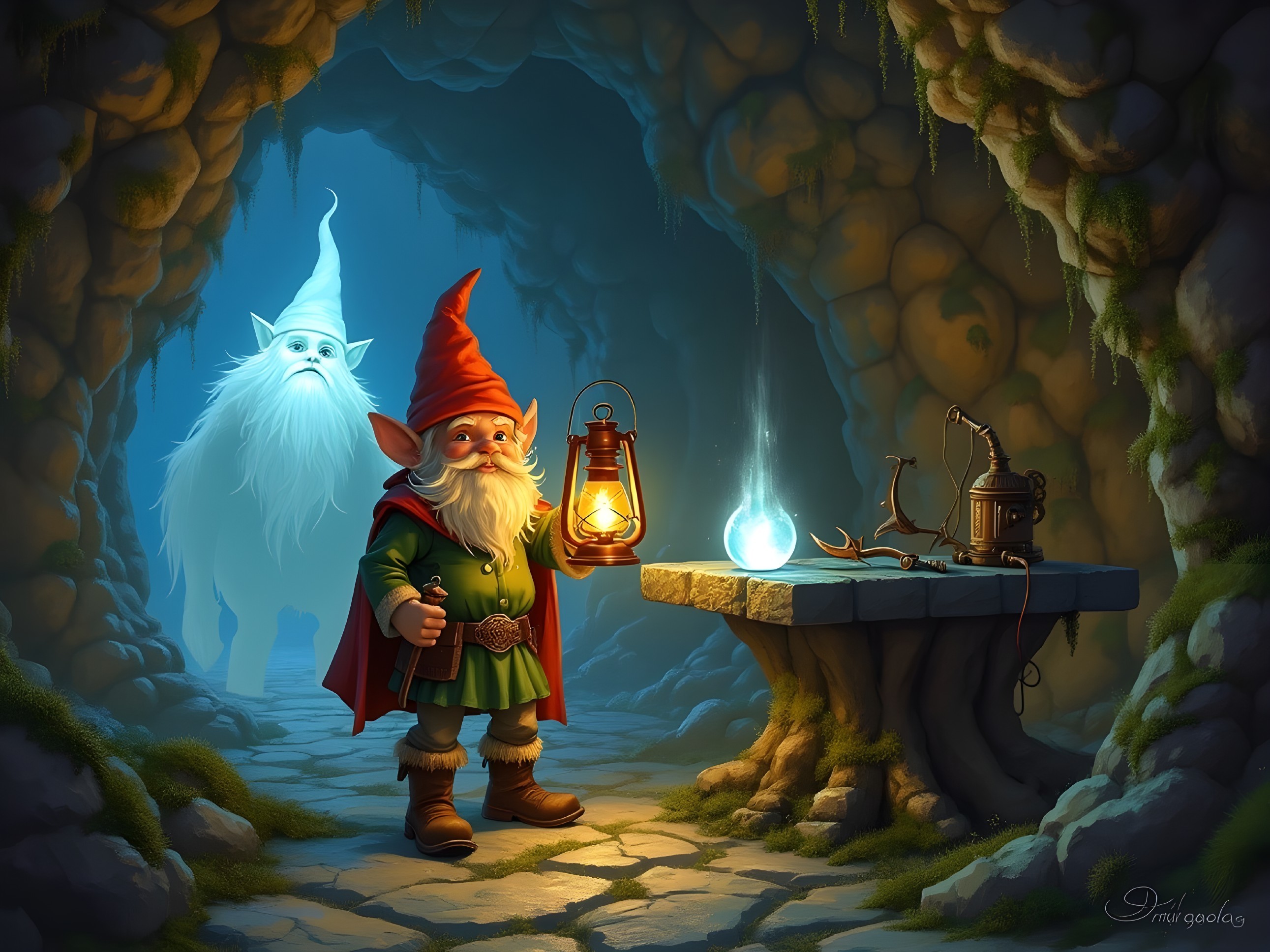 Cheerful gnome in cave with glowing lantern and orb