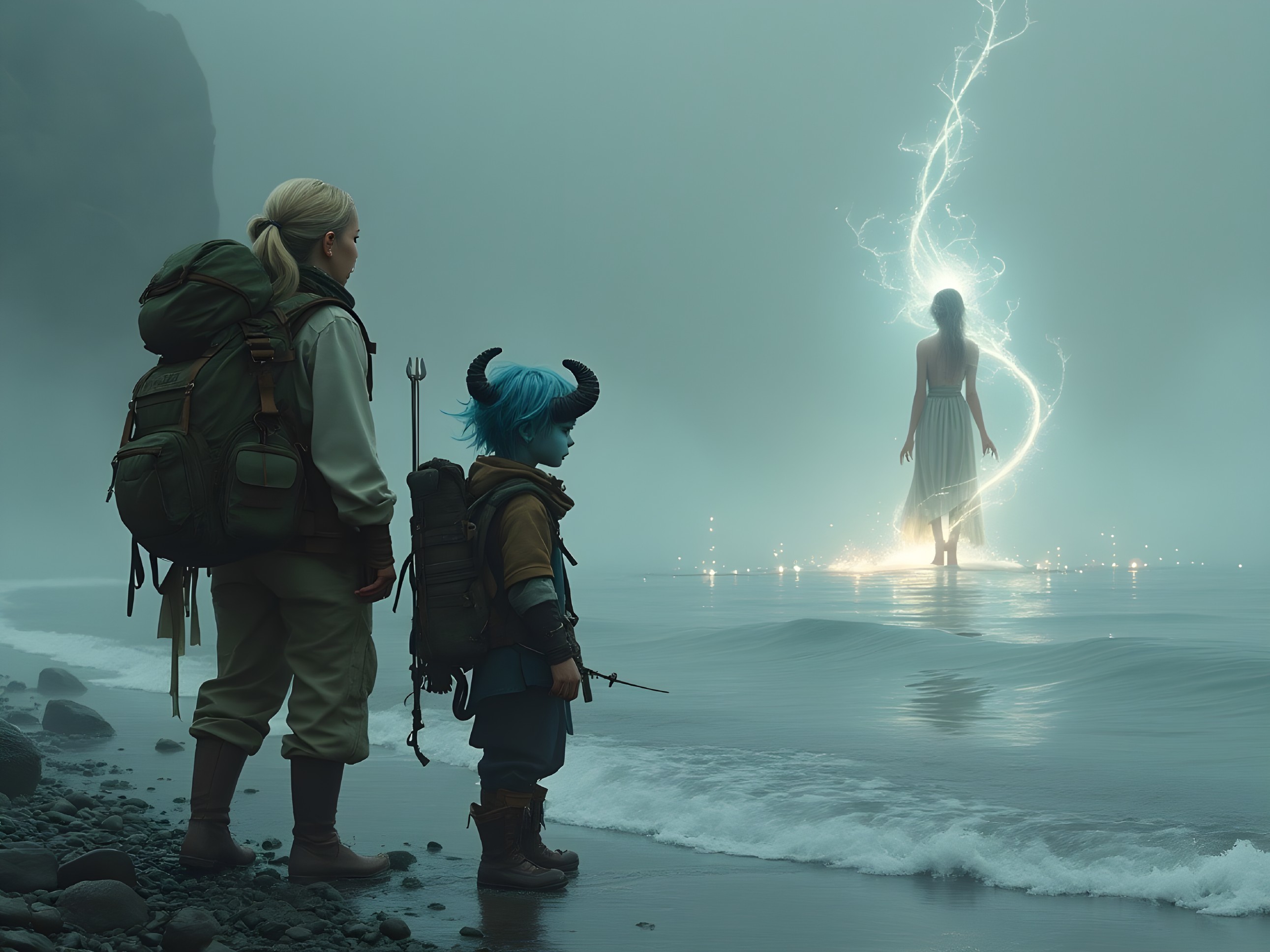 Adventurers in Mystical Seashore Landscape with Ethereal Figure