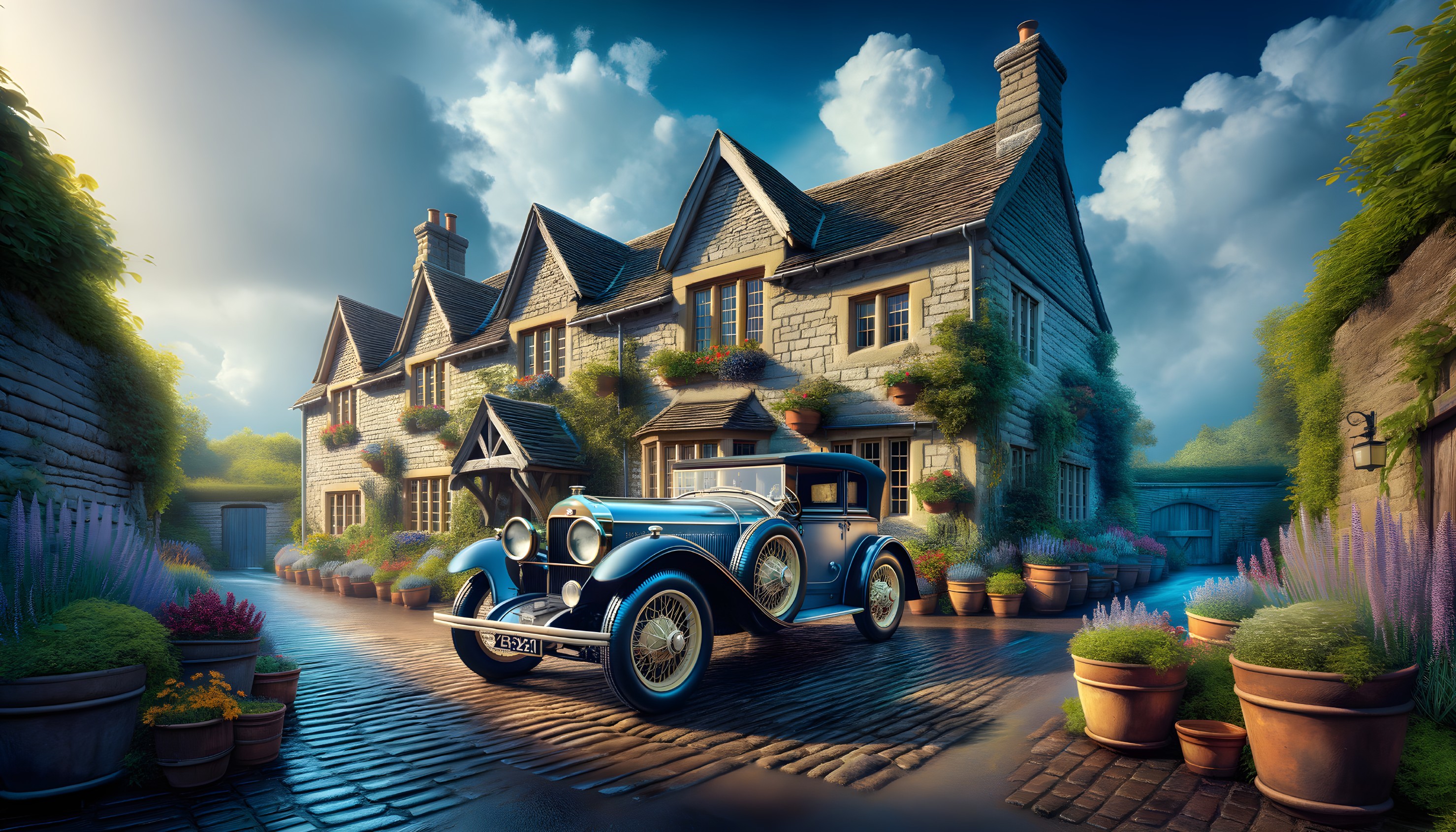 Vintage car parked outside charming stone cottage surrounded by flowers on cobblestone road