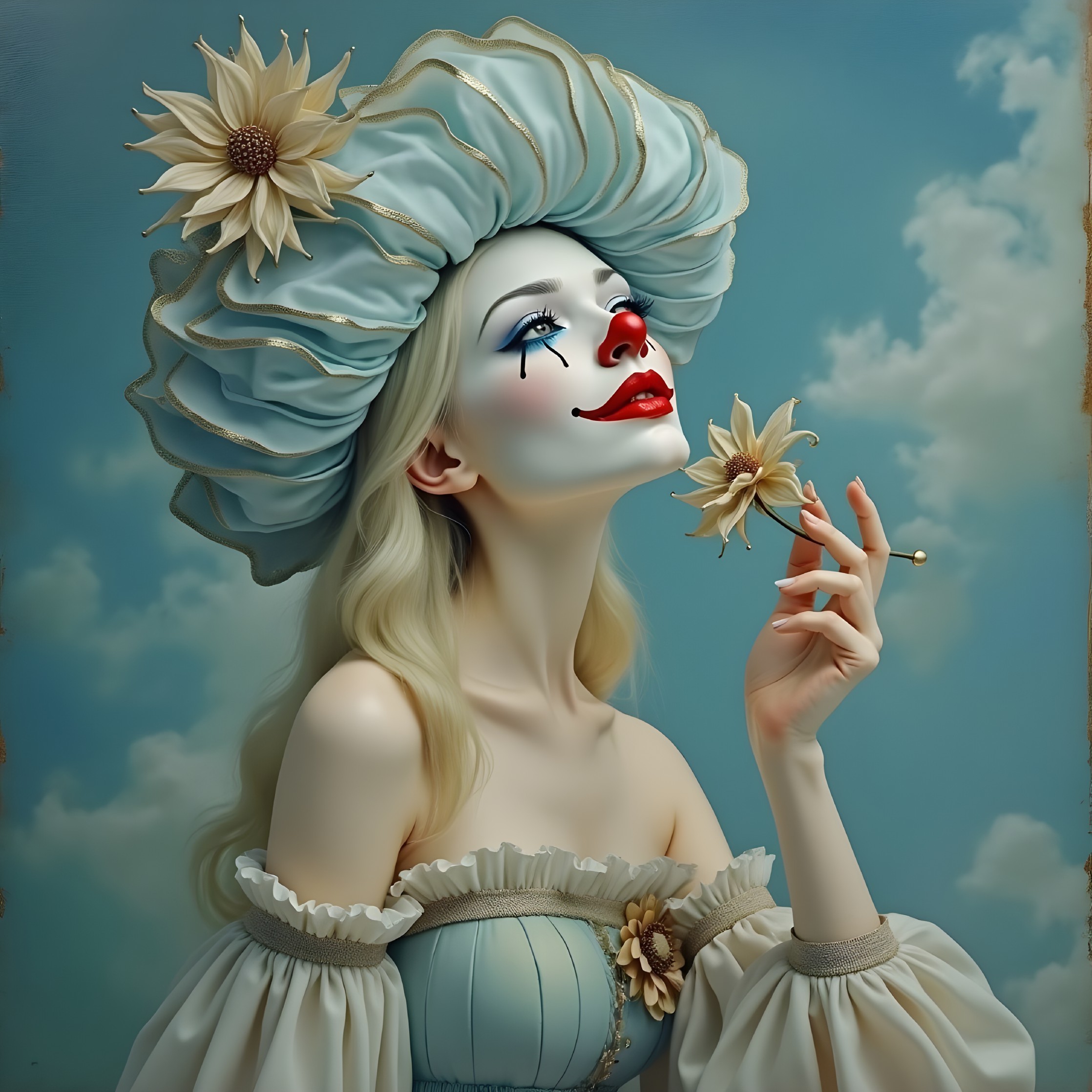 Vintage clown costume with whimsical background details