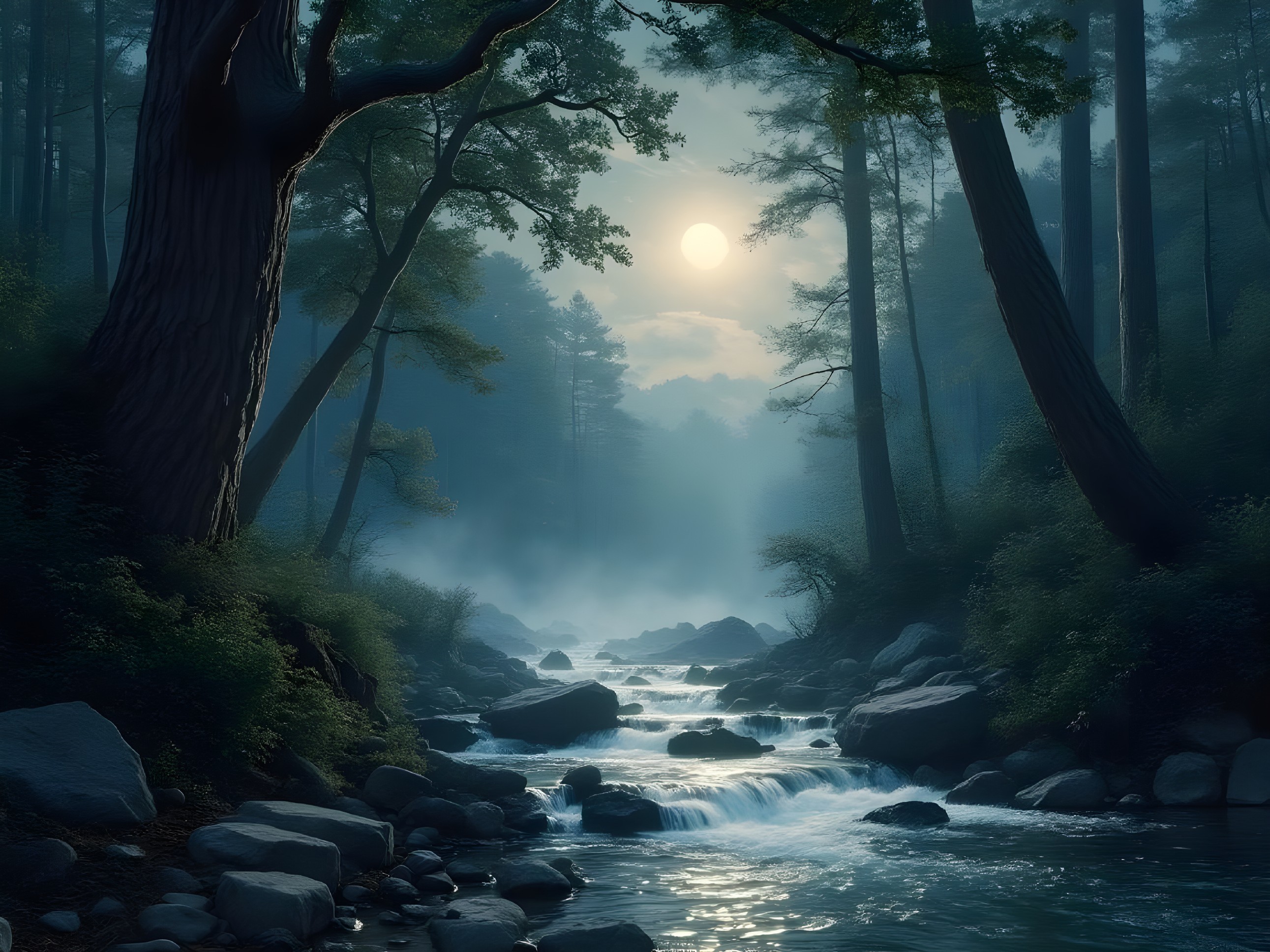 Twilight Forest Scene with Moonlit River and Mist