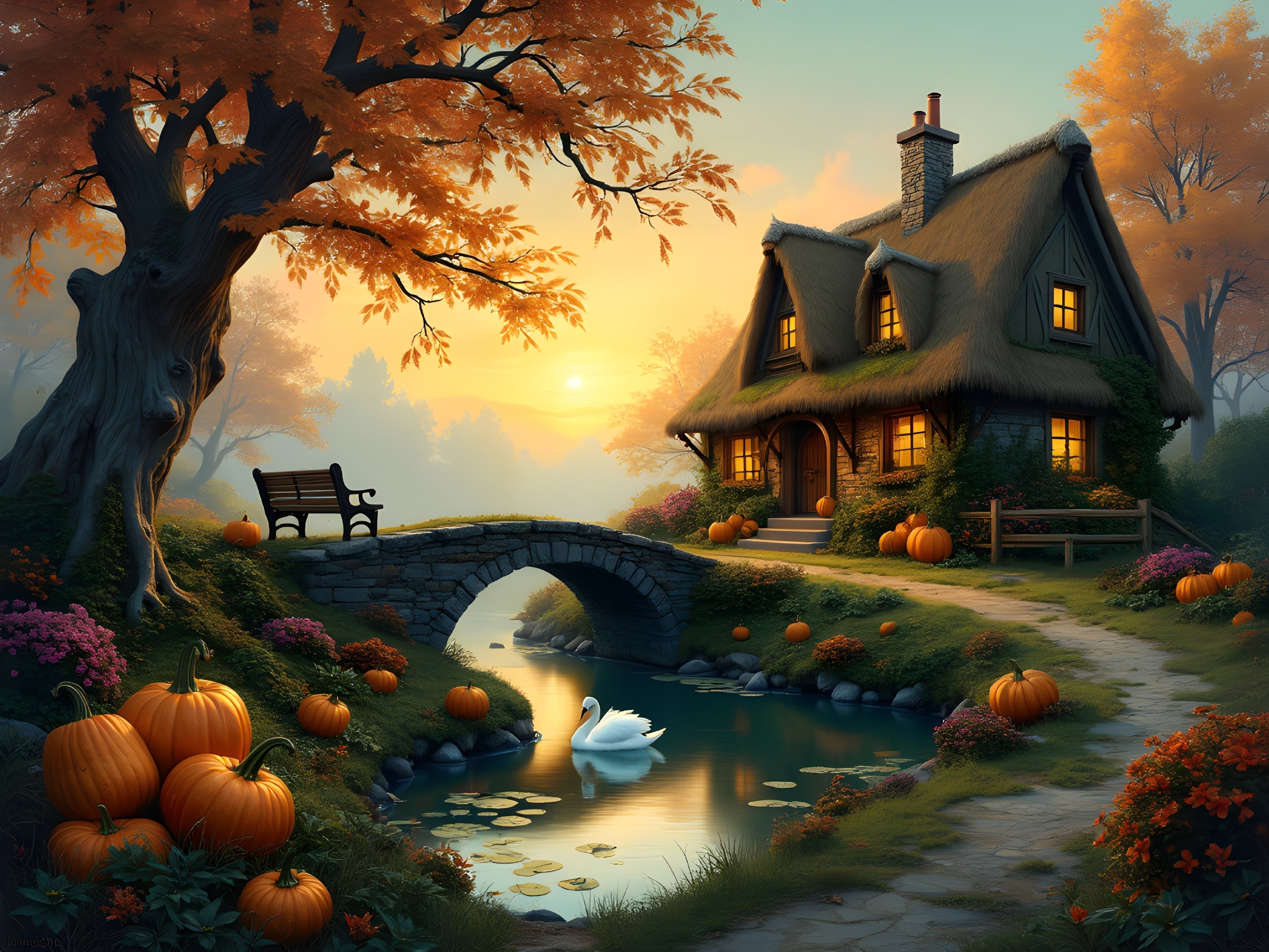 Cozy Cottage by Pond Amidst Autumn Foliage