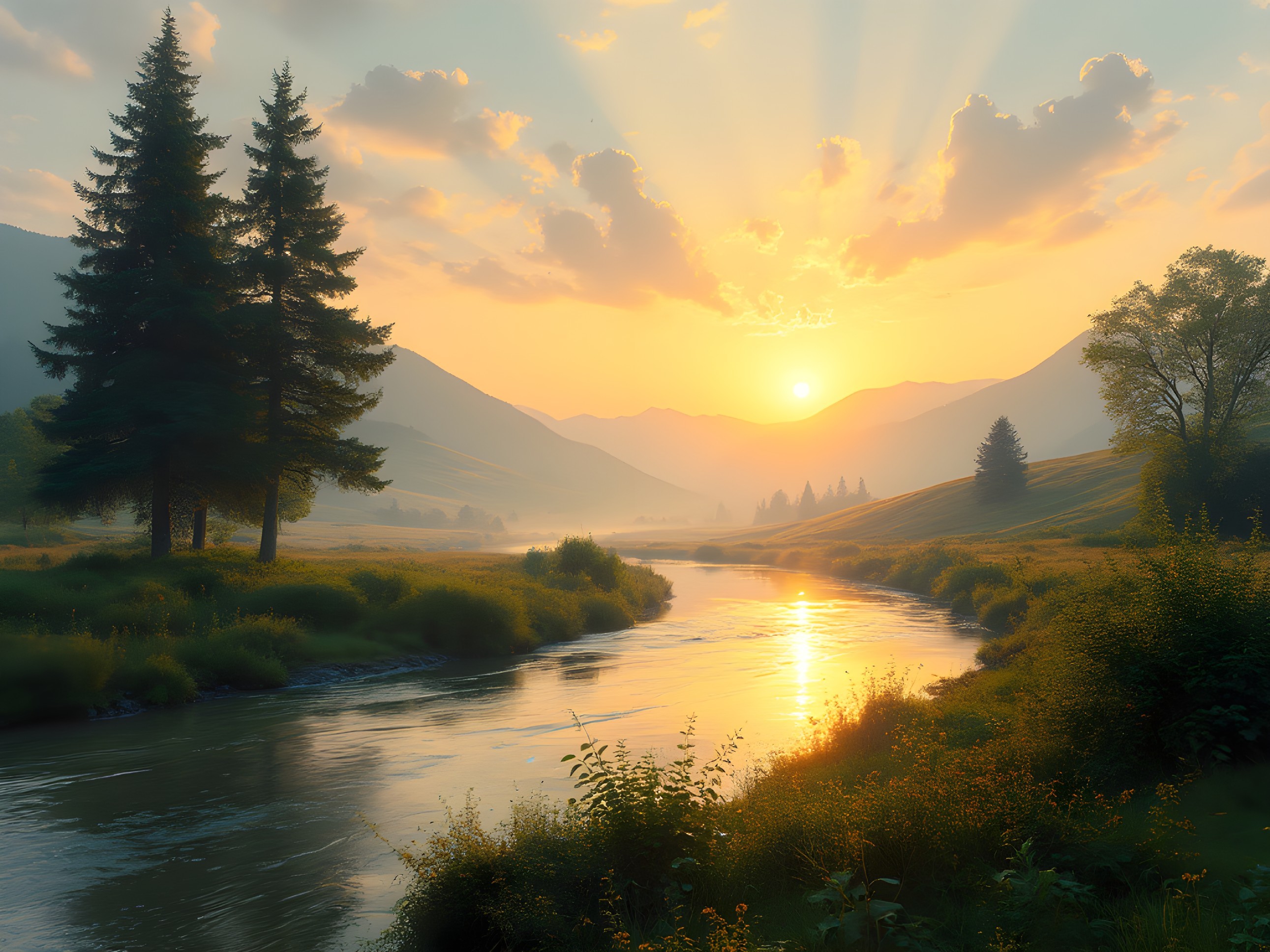 Serene Sunrise Landscape with River and Mountains