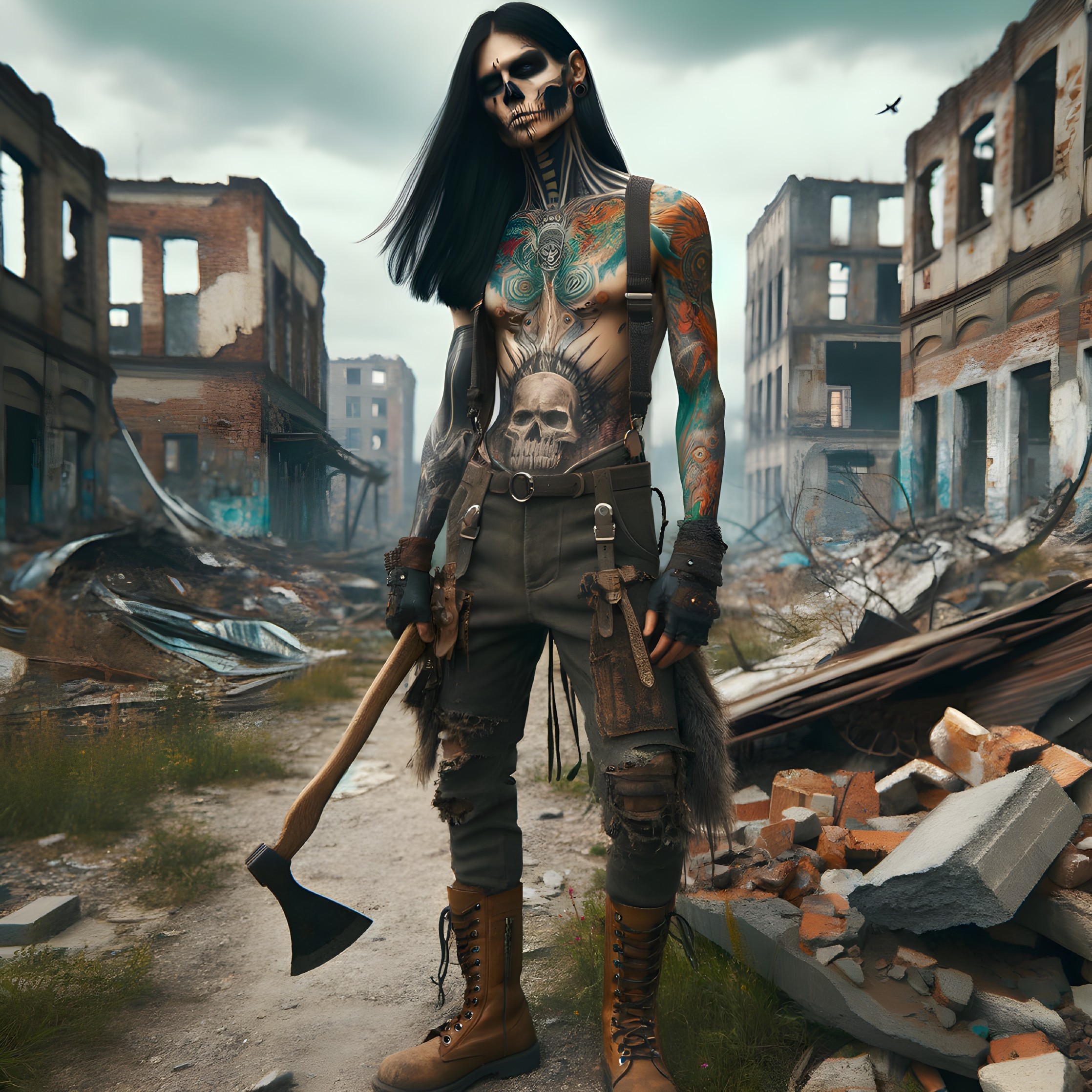Post-Apocalyptic Warrior in a Ruined Landscape