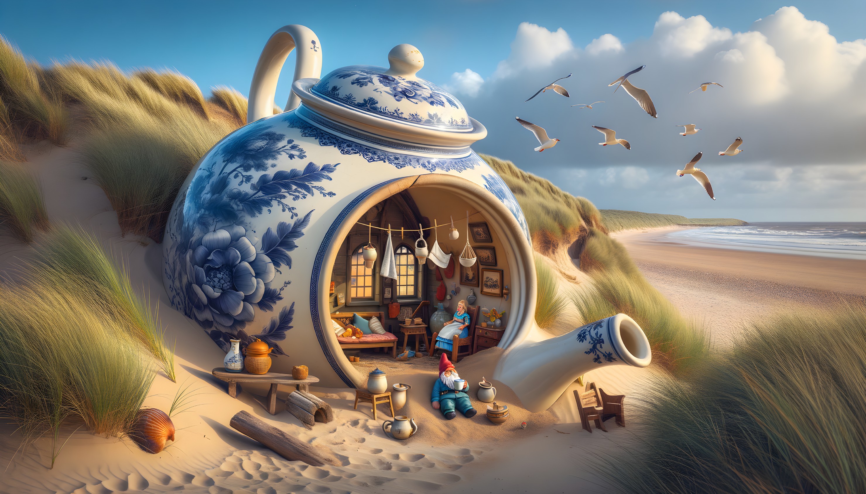 Whimsical Blue and White Porcelain Teapot on Beach