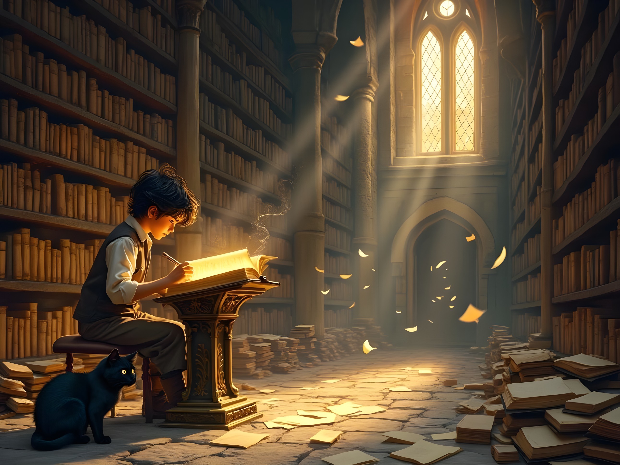 Young boy reading in a grand, dimly lit library