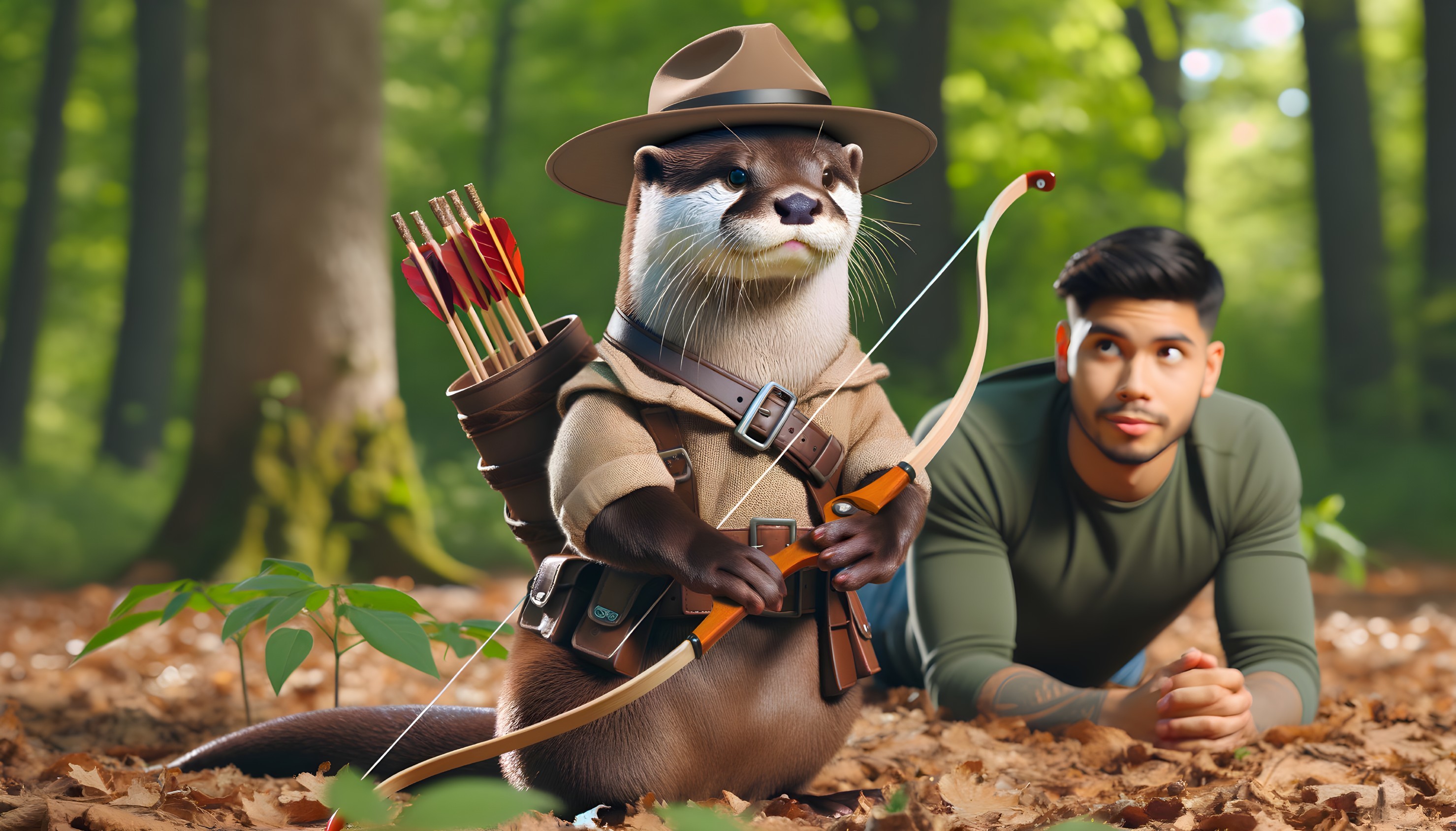 Anthropomorphic otter archer and man in forest scene