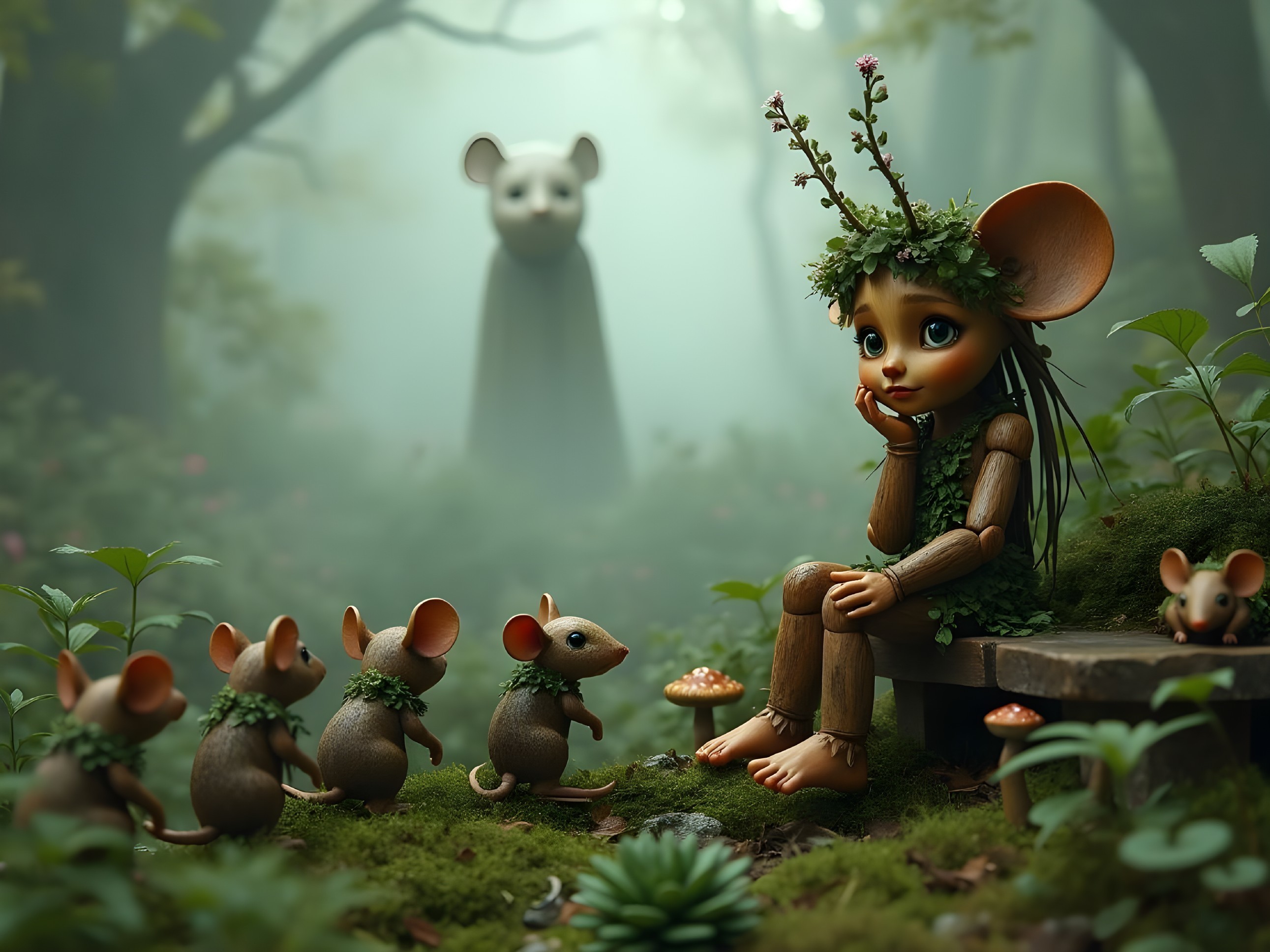 Wooden Girl Surrounded by Mice in Mystical Forest