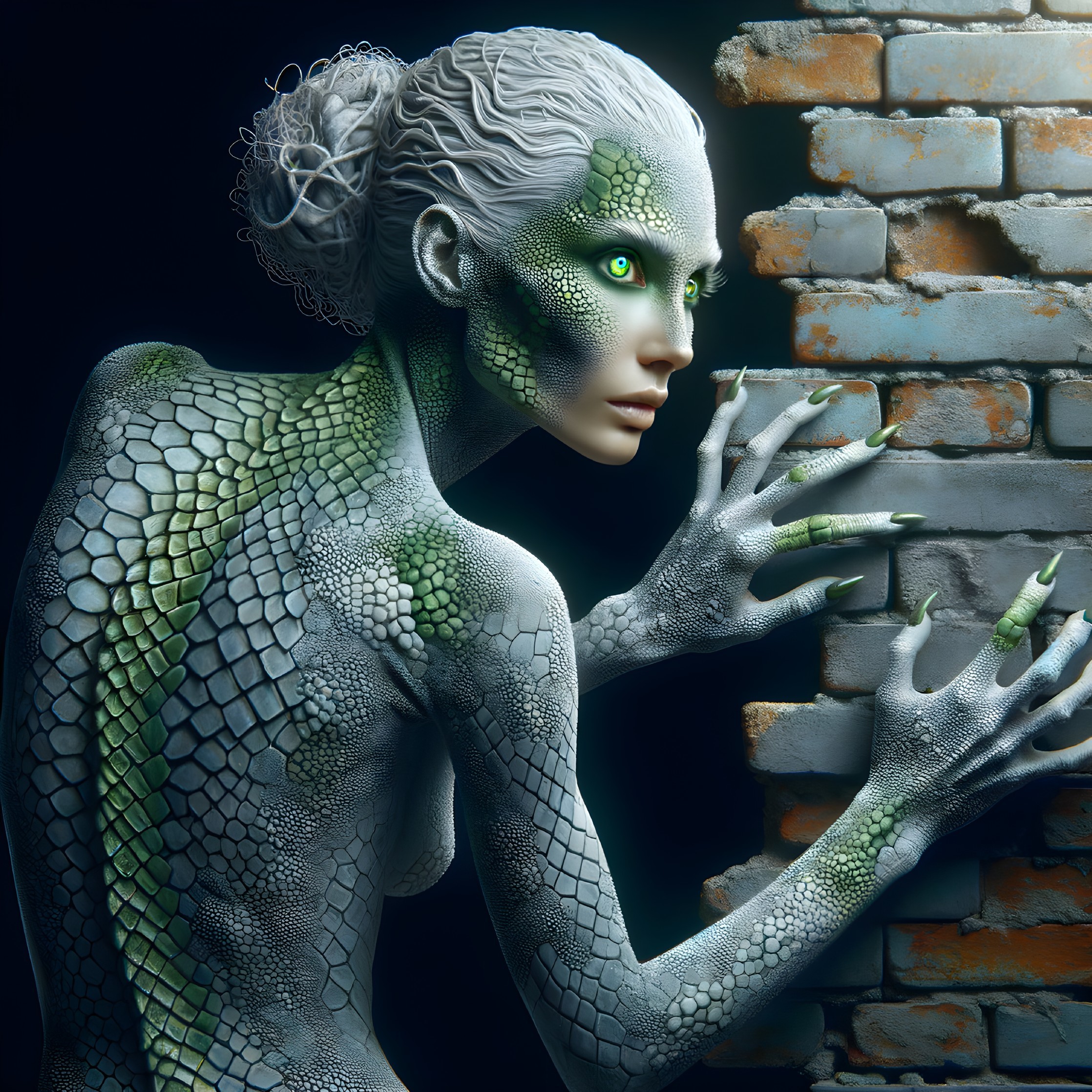 Fantasy Character with Reptilian Features and Green Eyes