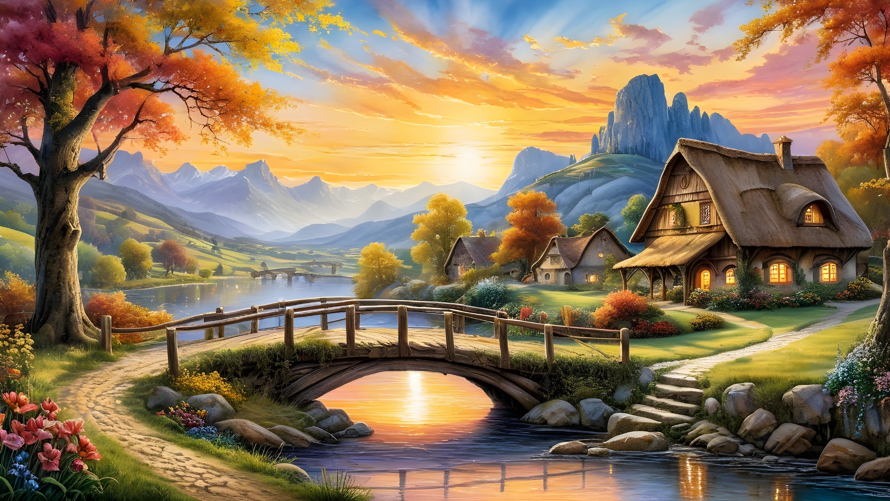 Serene Landscape with Cottage and Autumn Trees