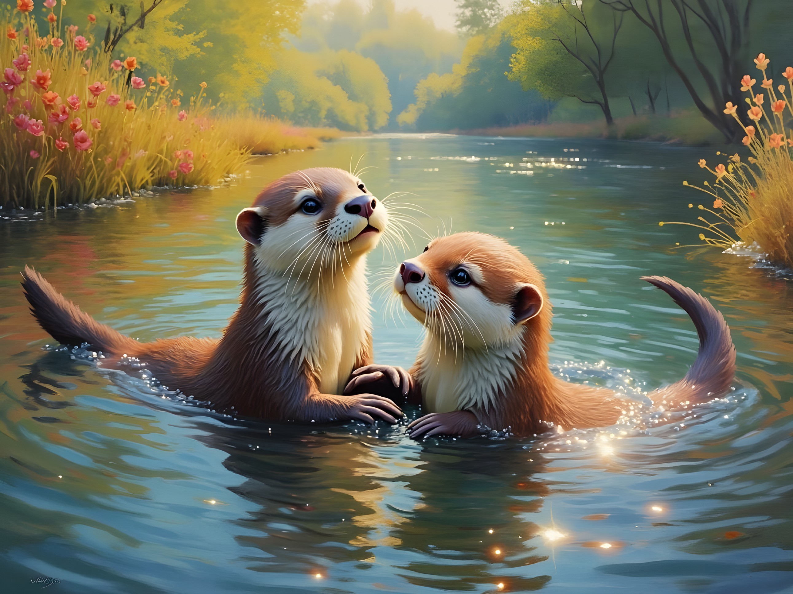 Playful Otters Floating on a Serene River Scene