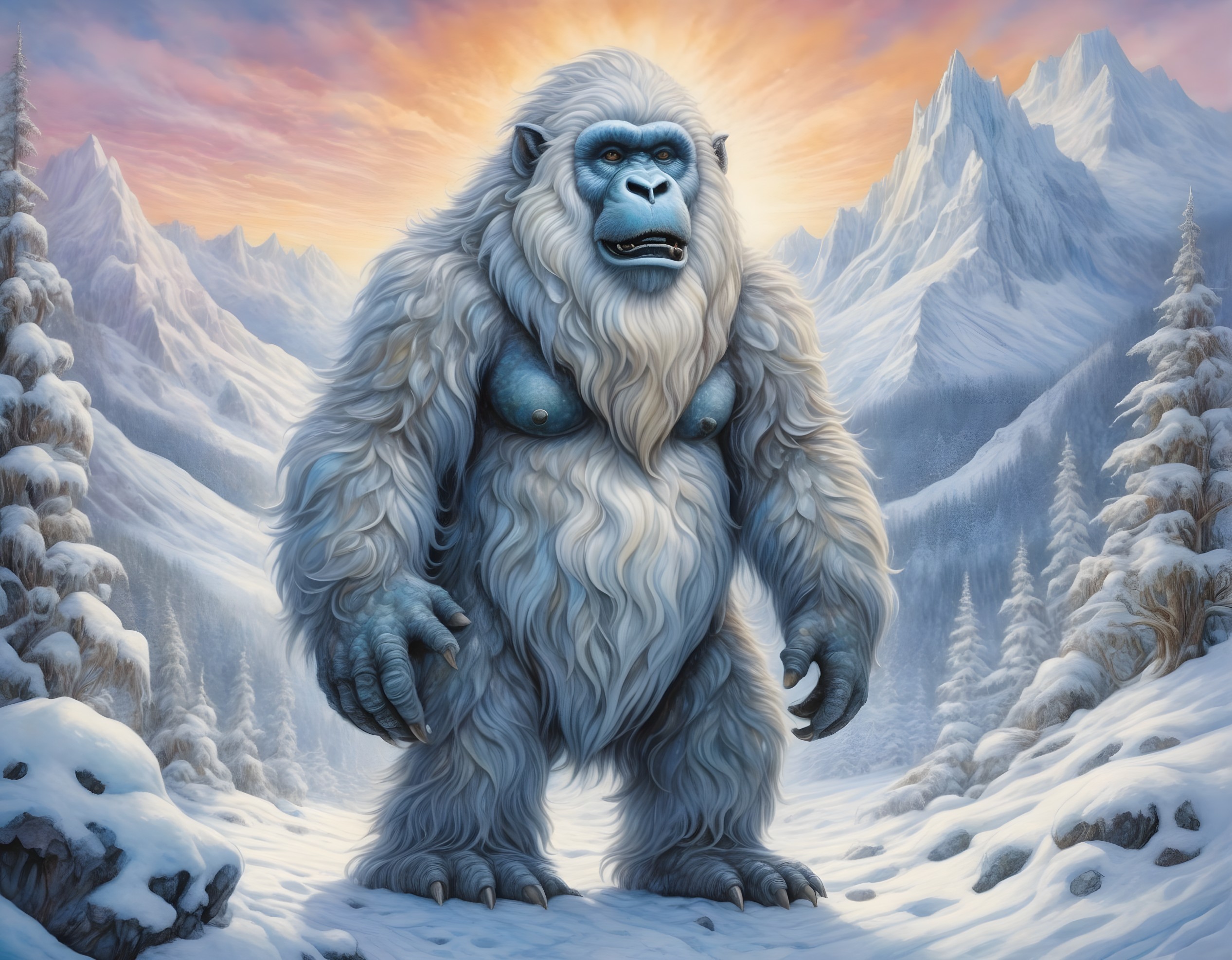 Yeti Illustration in Snowy Mountain Landscape