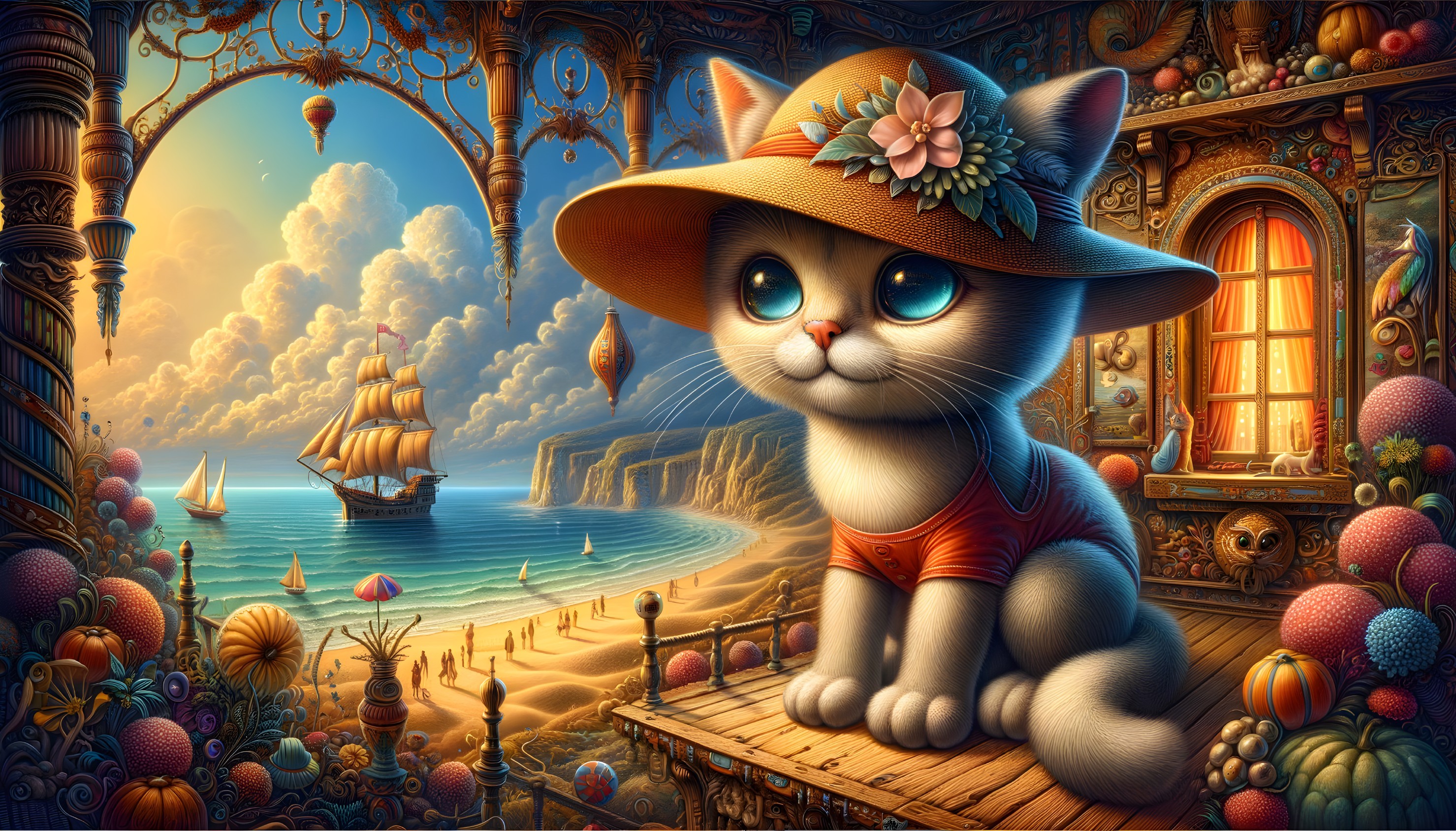 Whimsical Cat on Balcony Overlooking Vibrant Beach