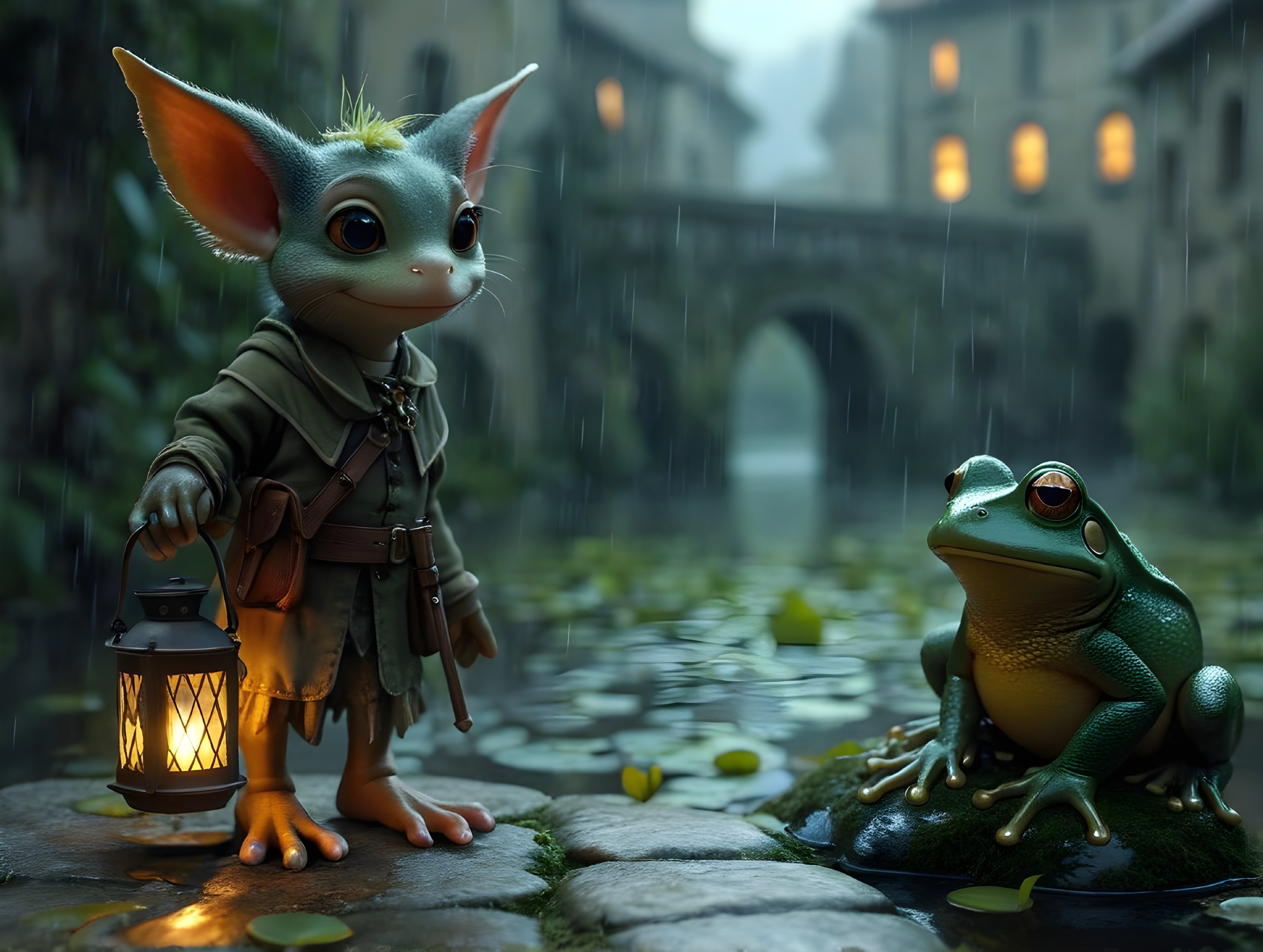 Whimsical Creature and Frog in Mystical Rainy Setting