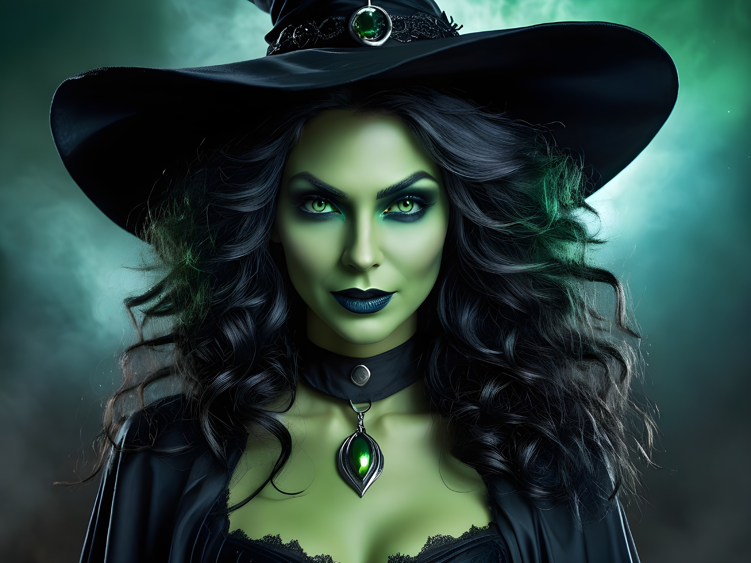 Witch with Green Skin and Dark Hair in Smoky Background