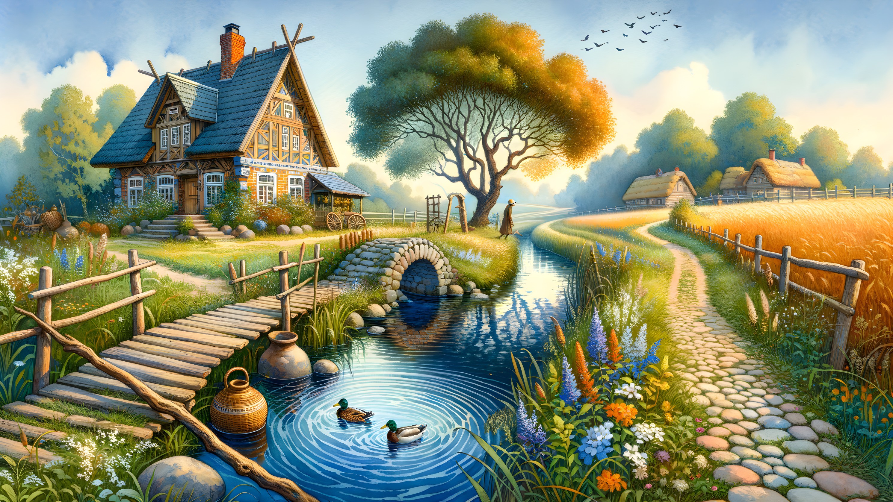 Countryside Scene with Cottage and Flowing Stream
