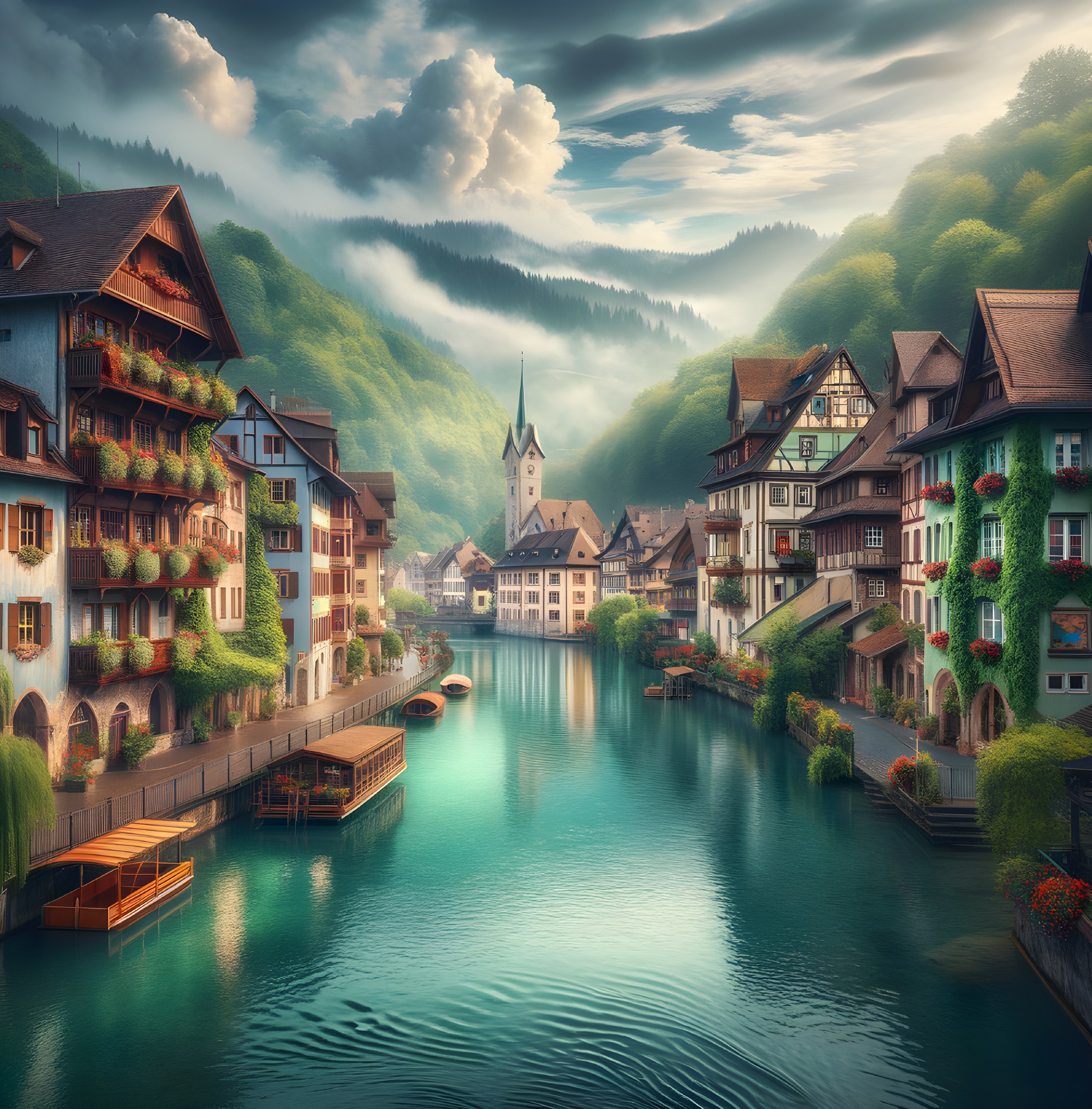 Picturesque Village Surrounded by Lush Green Mountains