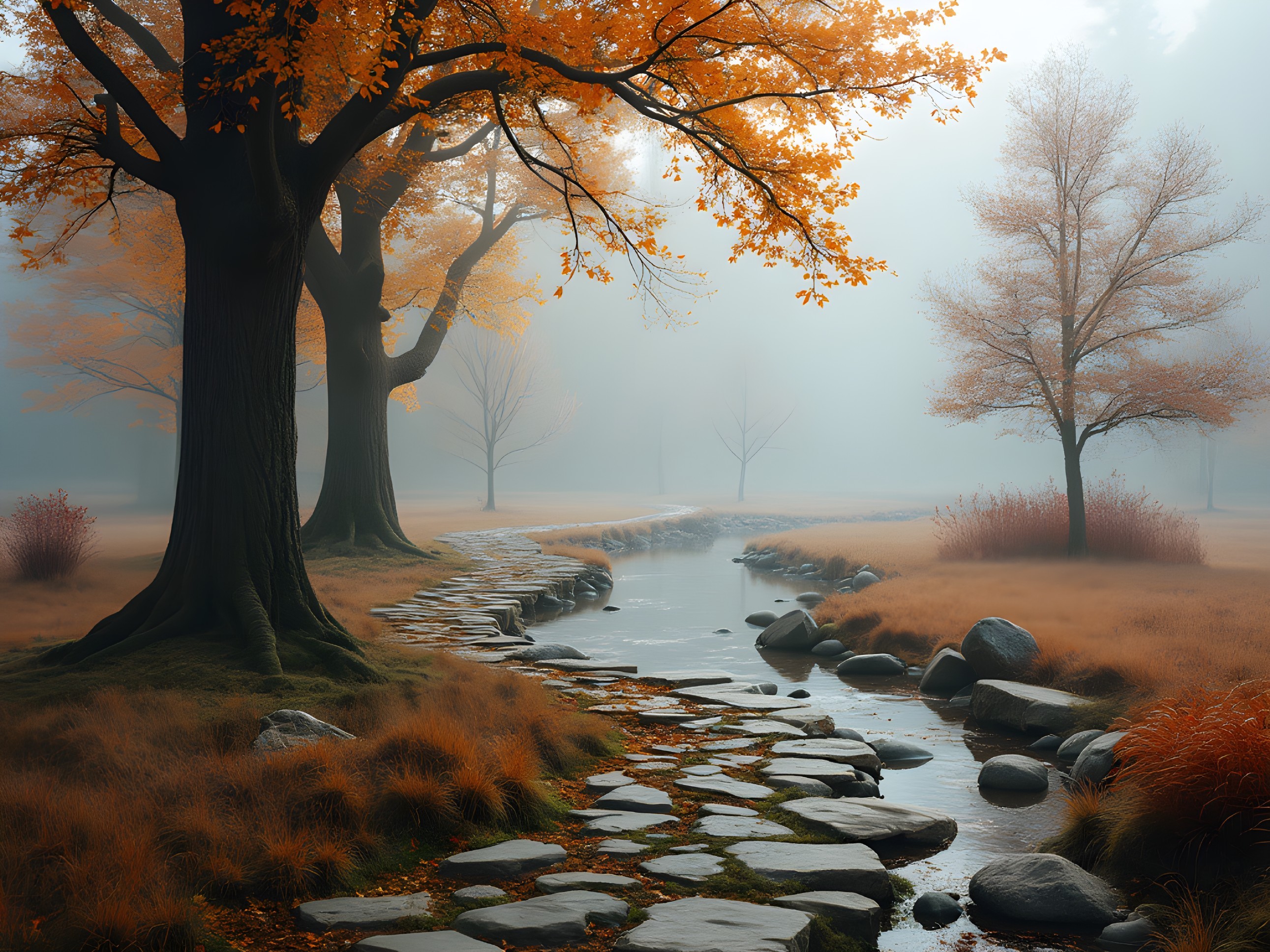 Serene Autumn Landscape with Winding Stream and Trees