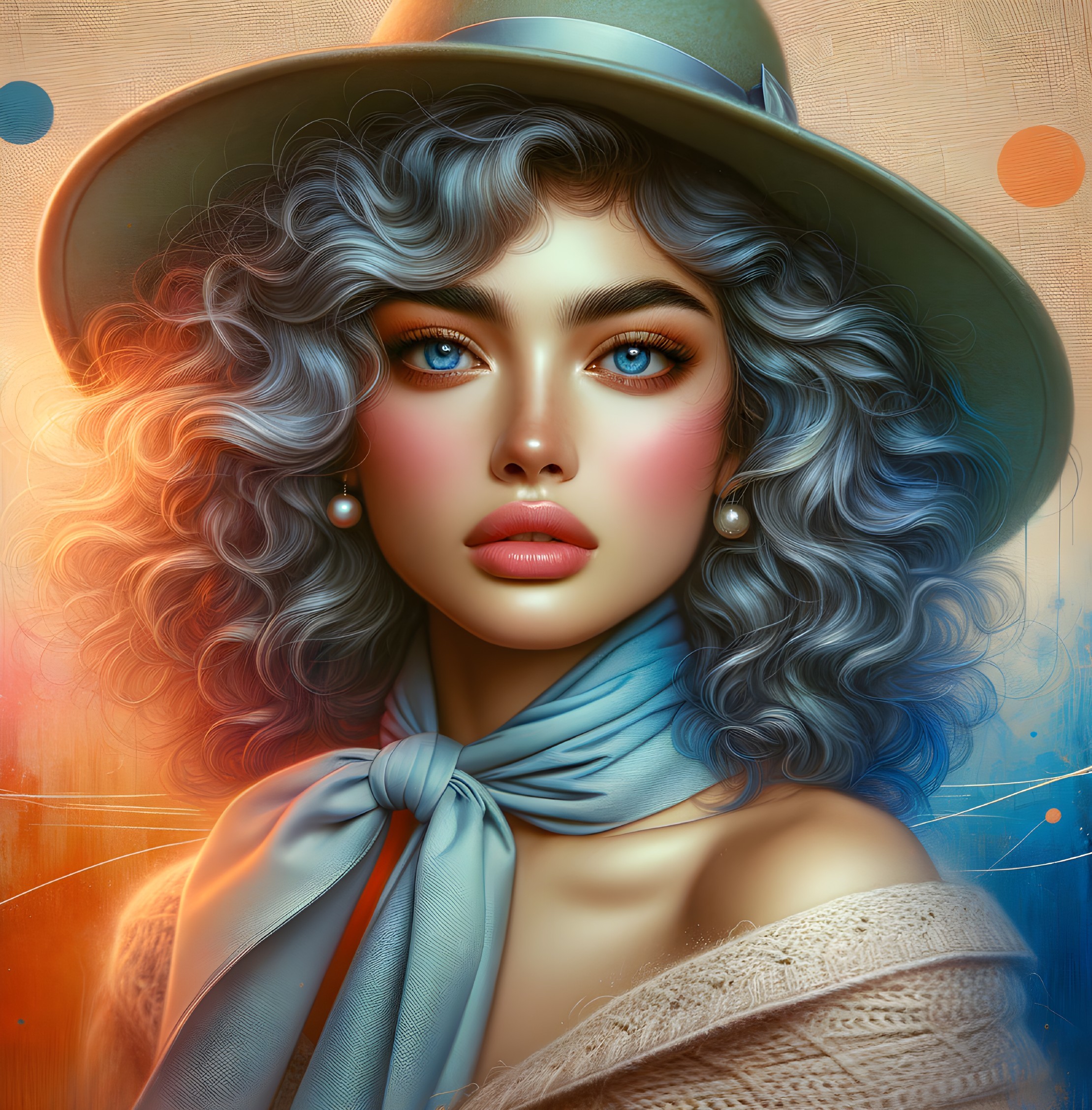 Portrait of a woman with blue hair and elegant attire