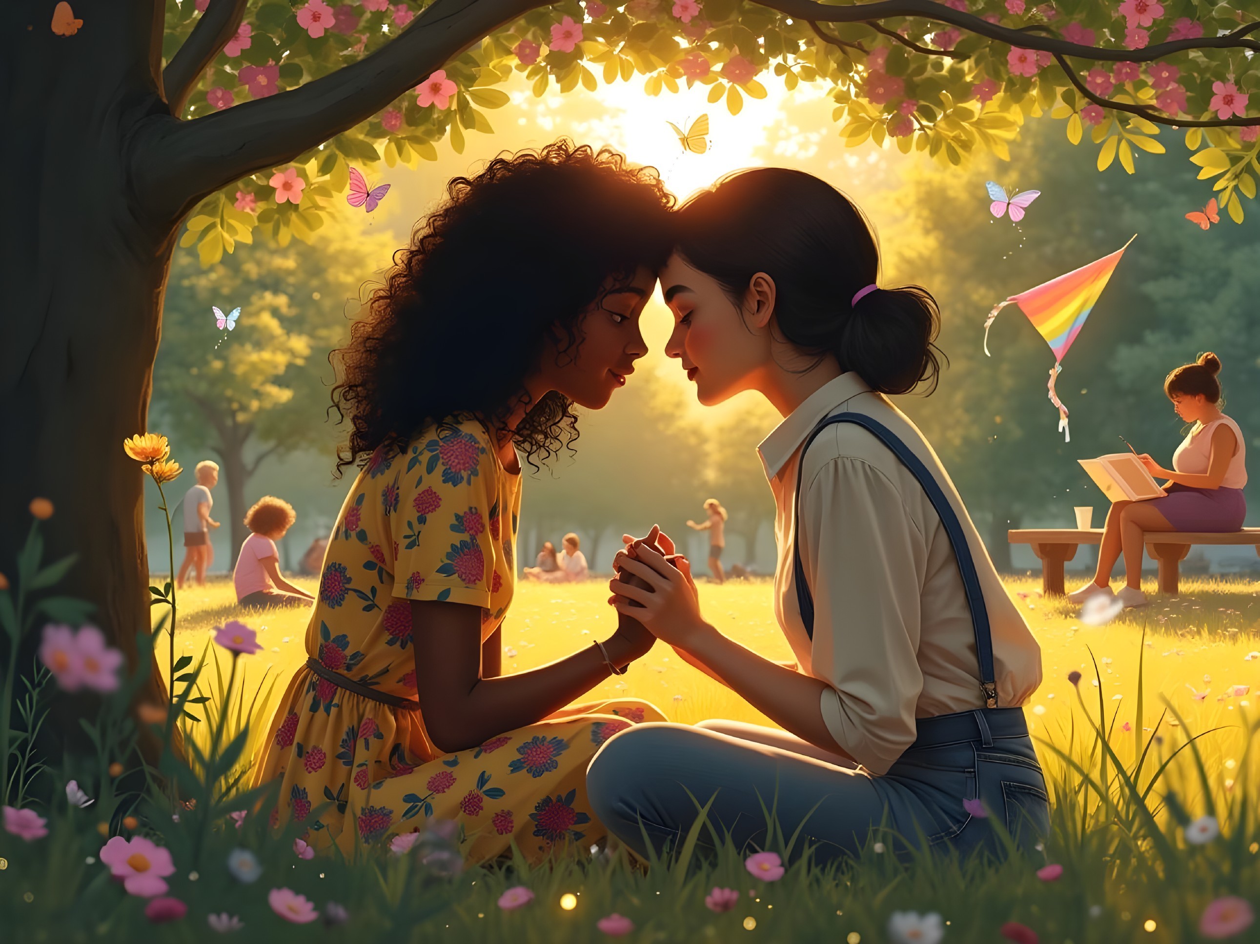 Two Women in a Sunlit Park Surrounded by Nature